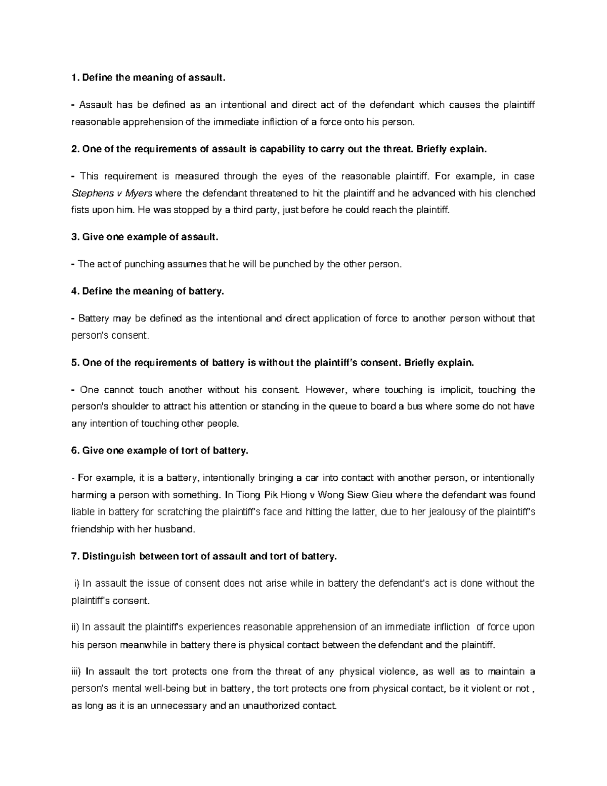 Forum ON Trespass TO Person - 1. Define the meaning of assault ...
