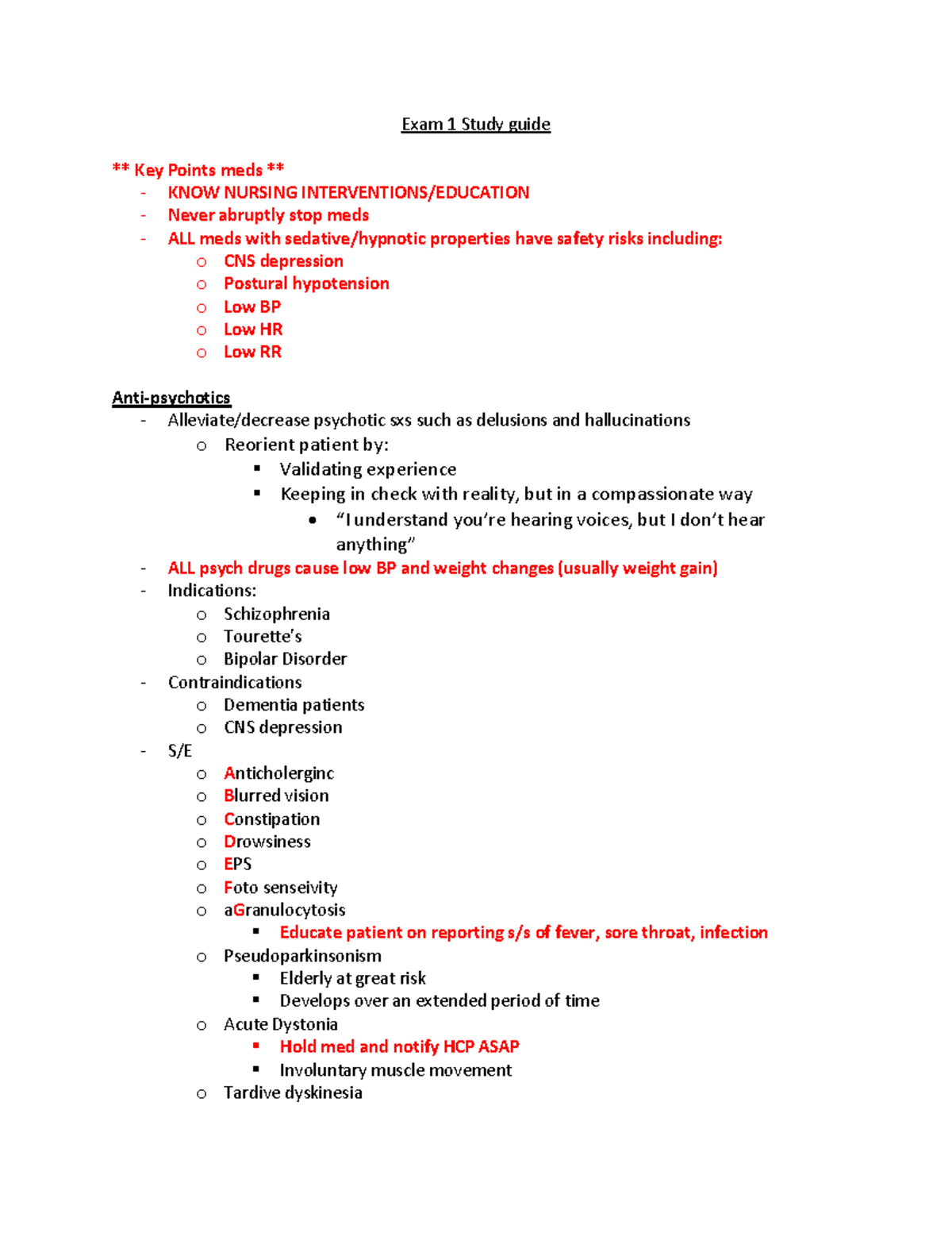 Mental Health - Exam 1 Study Guide 1 - Exam 1 Study Guide ** Key Points ...