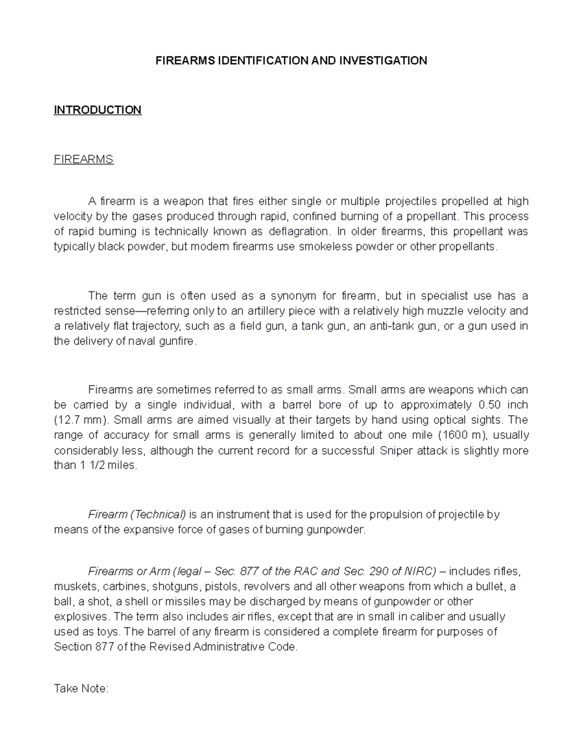 Firearms Definition 1 handouts FIREARMS IDENTIFICATION AND