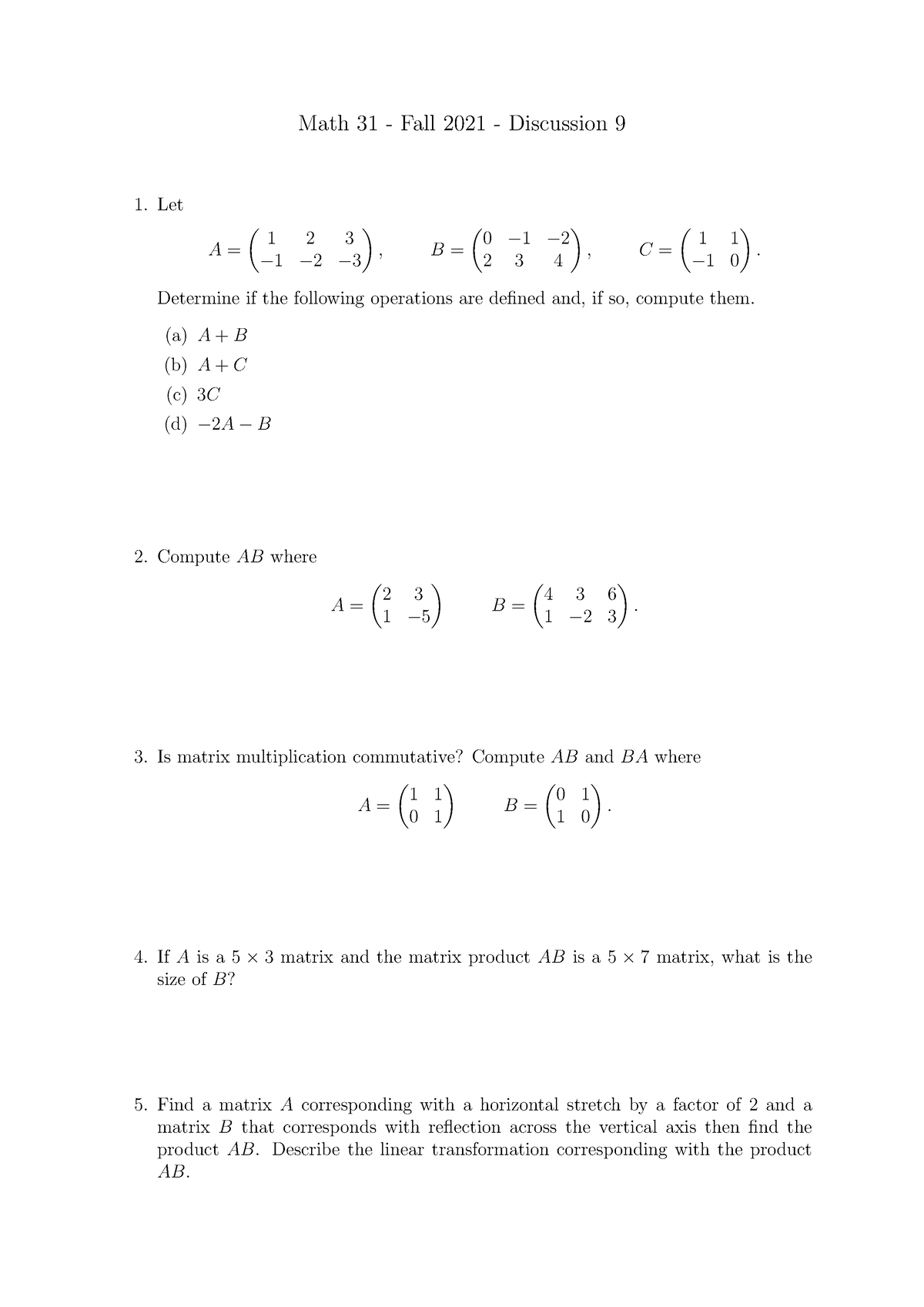 Math31D9 with blank - n/a - Math 31 - Fall 2021 - Discussion 9 Let A ...