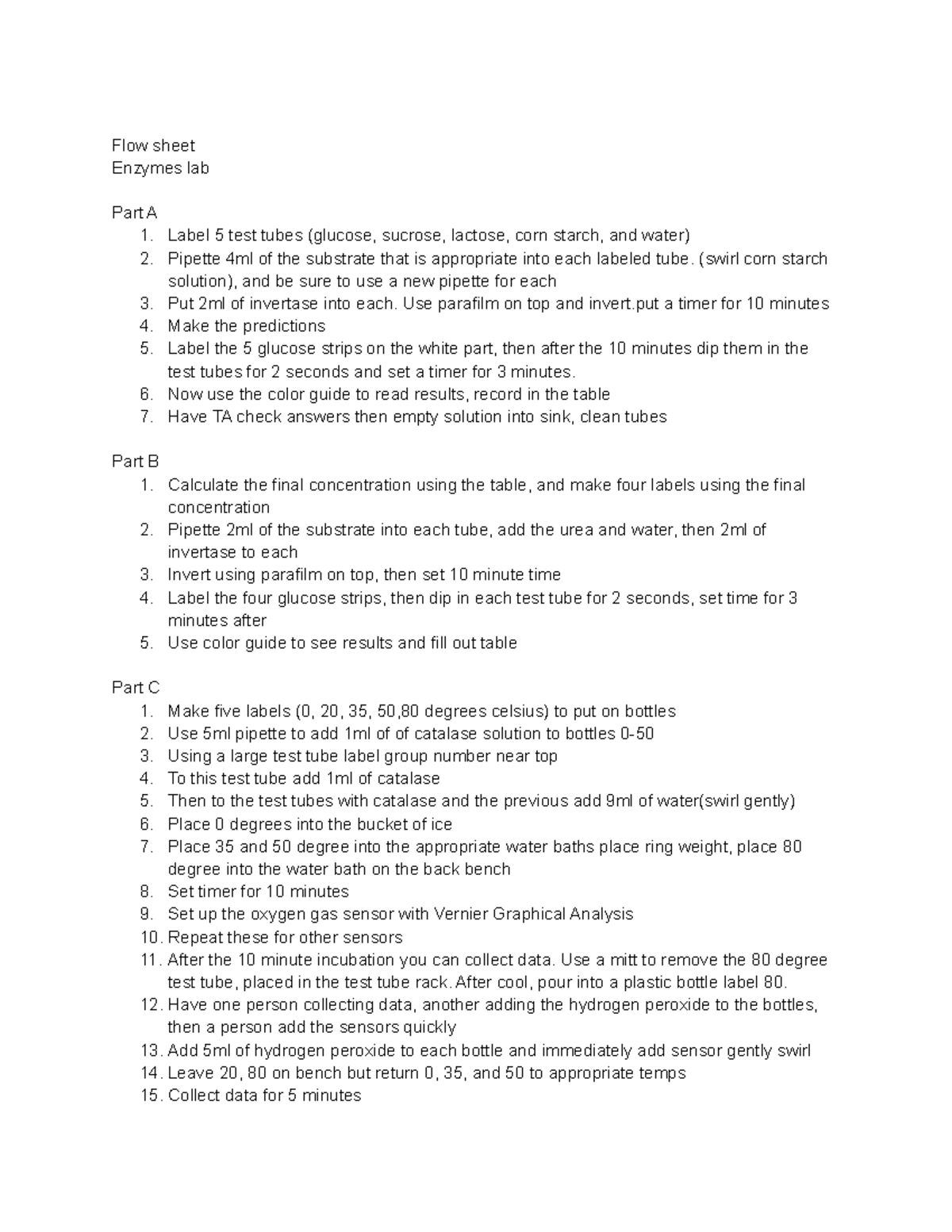 Enzyme lab lab answers with data Flow sheet Enzymes lab Part A 1