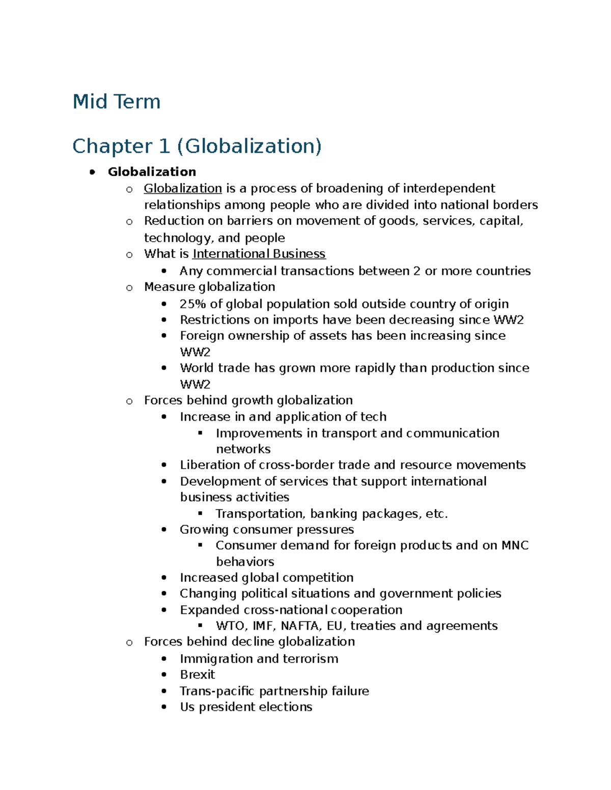 D270 Notes - Mid Term Chapter 1 (Globalization) Globalization o ...