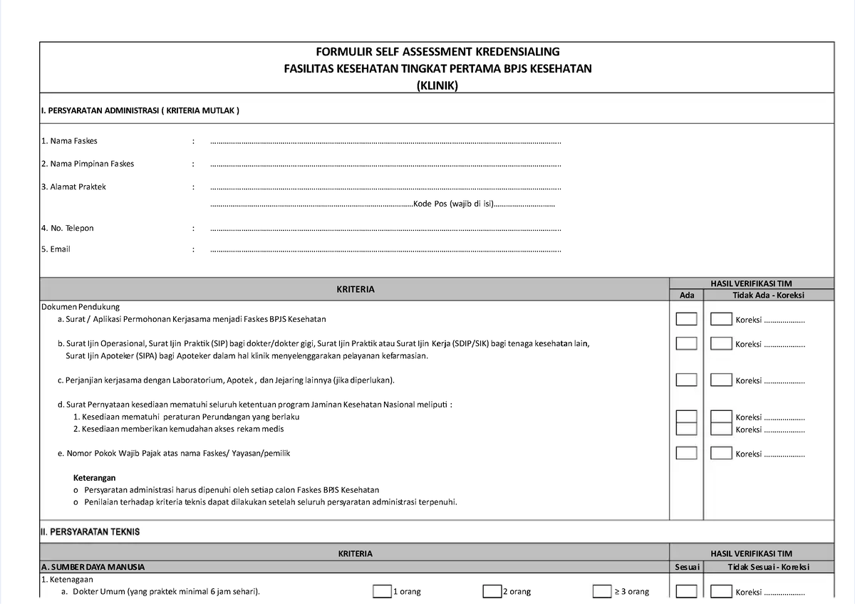 Form Kredensial Bpjs Self Asesment - FORMULIR SELF ASSESSMENT ...