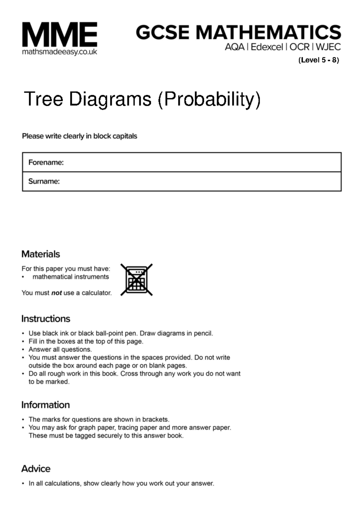 Probability and Tree Diagrams Questions MME Tree Diagrams