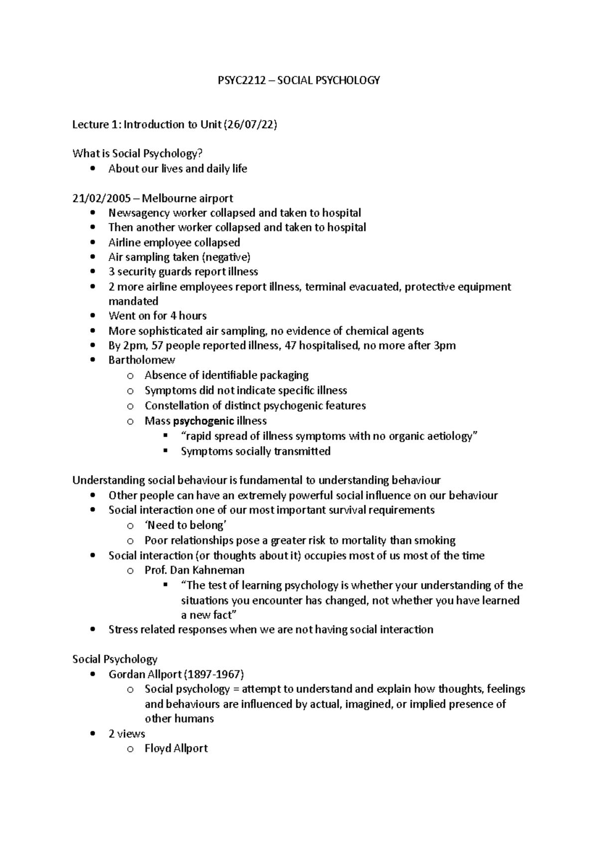 PSYC2212 – Social Psychology - PSYC2212 – SOCIAL PSYCHOLOGY Lecture 1 ...