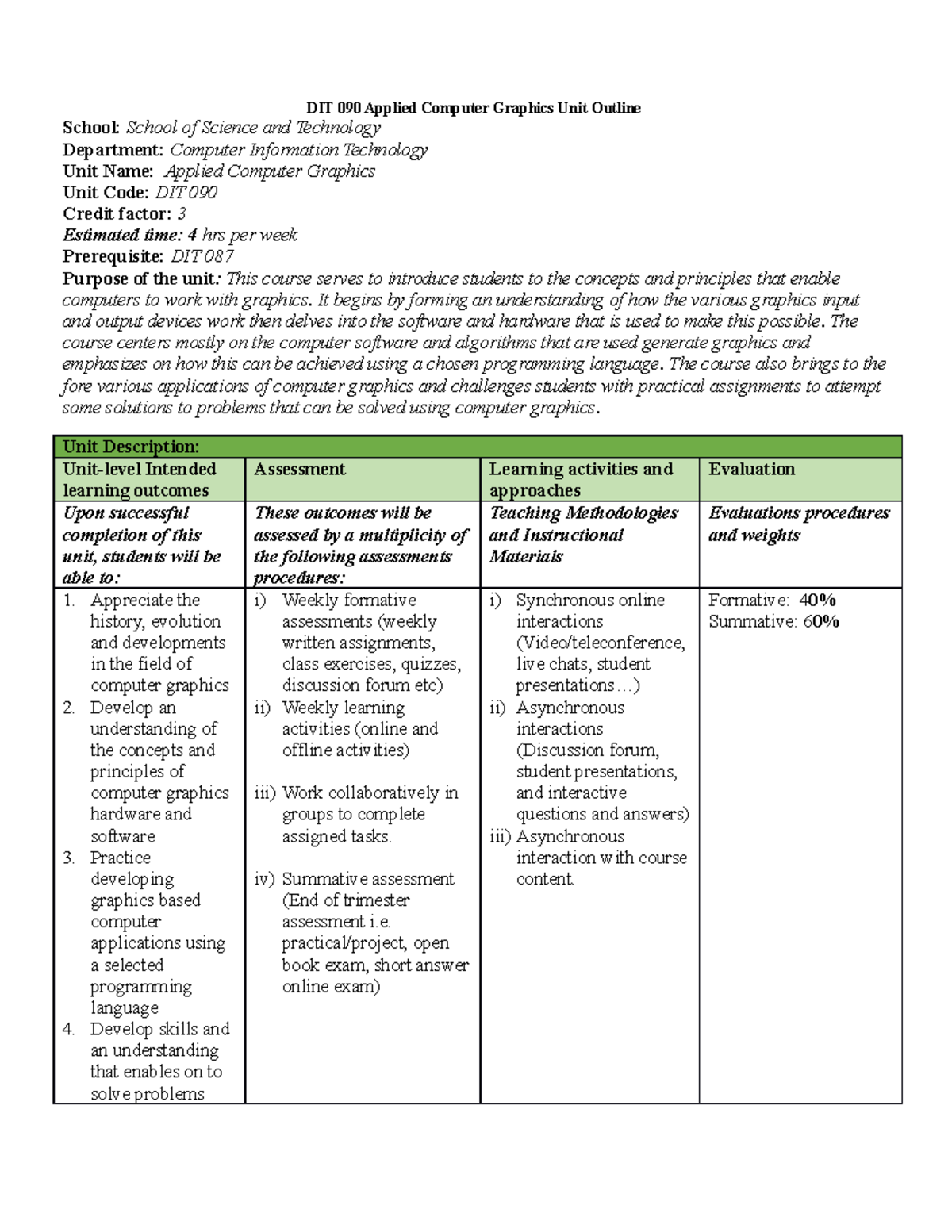 DIT 090 Applied Computer Graphics Course Outline - DIT 090 Applied ...