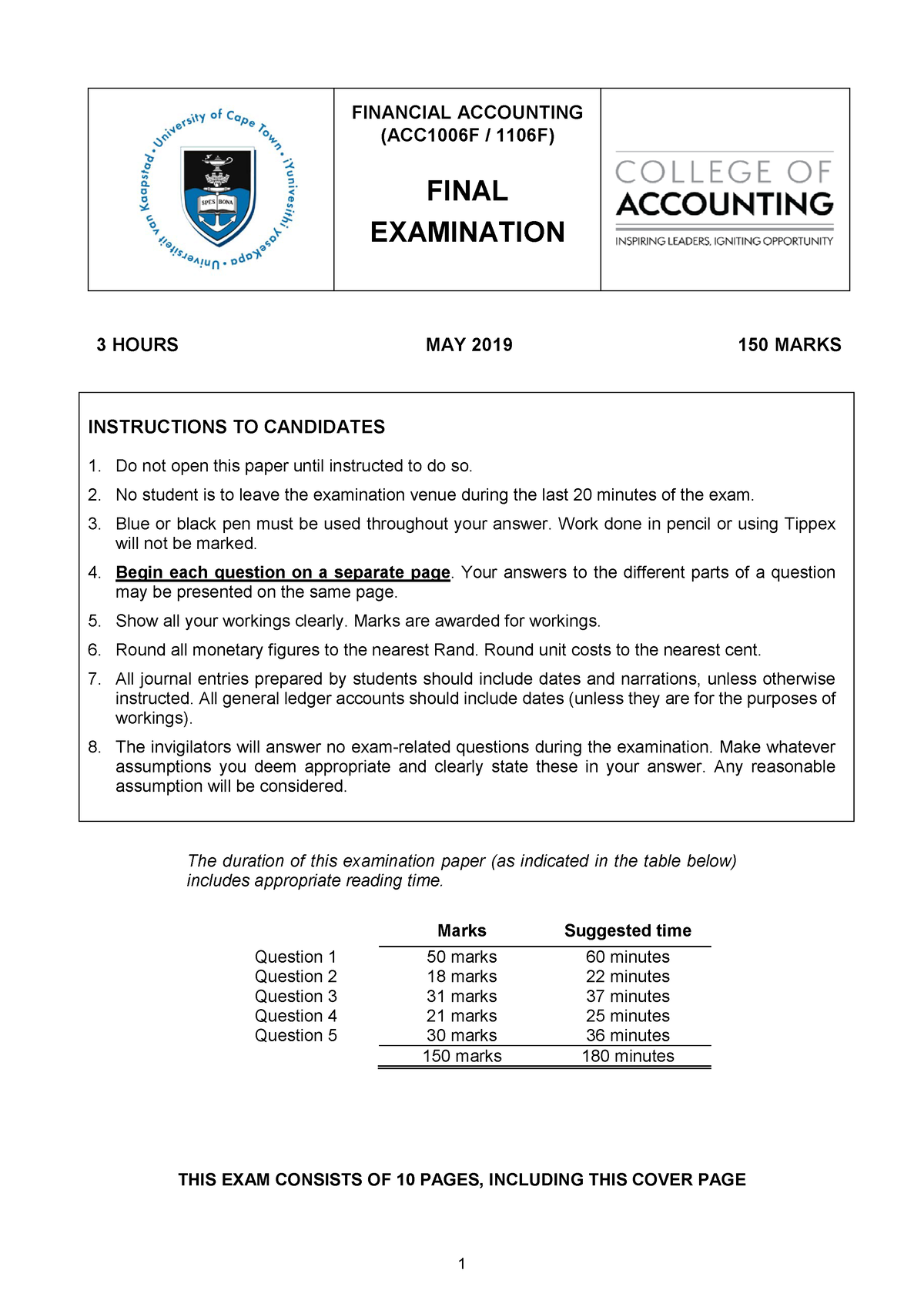 2019 ACC1006F Final Examination Paper - FINANCIAL ACCOUNTING (ACC1006F ...