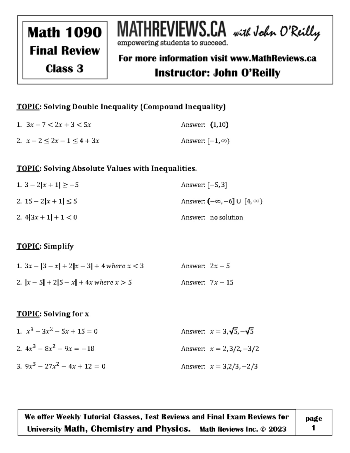 Math 1090 Final Exam Review Class 3 Practice Sheets April 2024 - TOPIC ...