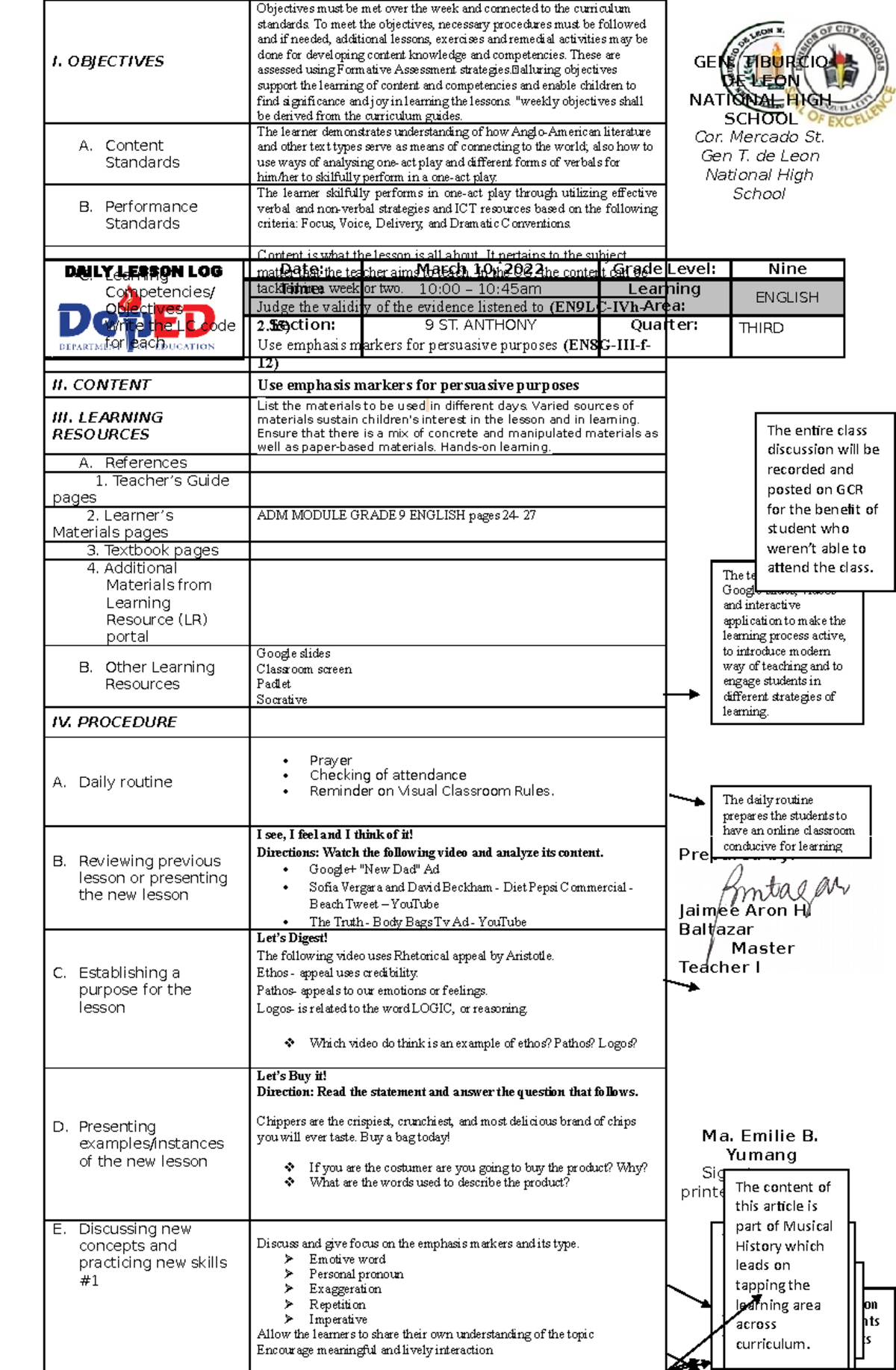 COT1-DLP - used in practice teaching - GEN. TIBURCIO DE LEON NATIONAL ...