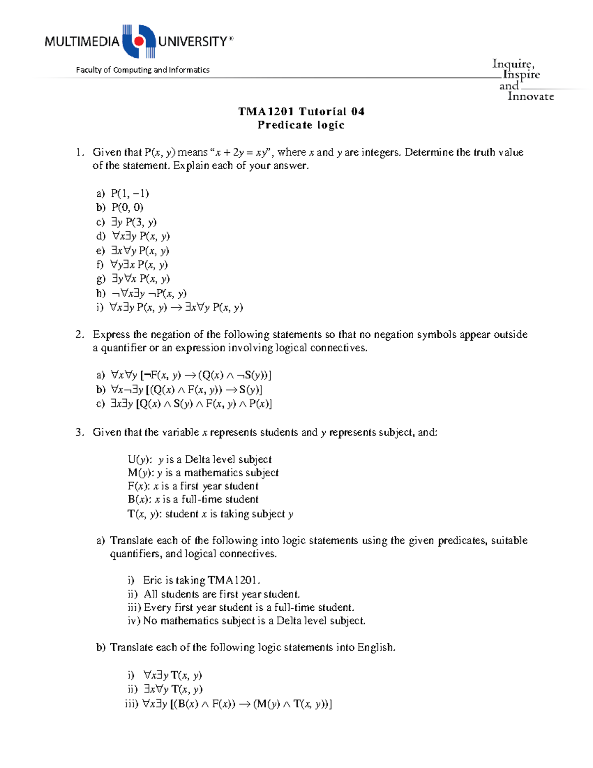 Tutorial 04 Predicate Logic Studocu