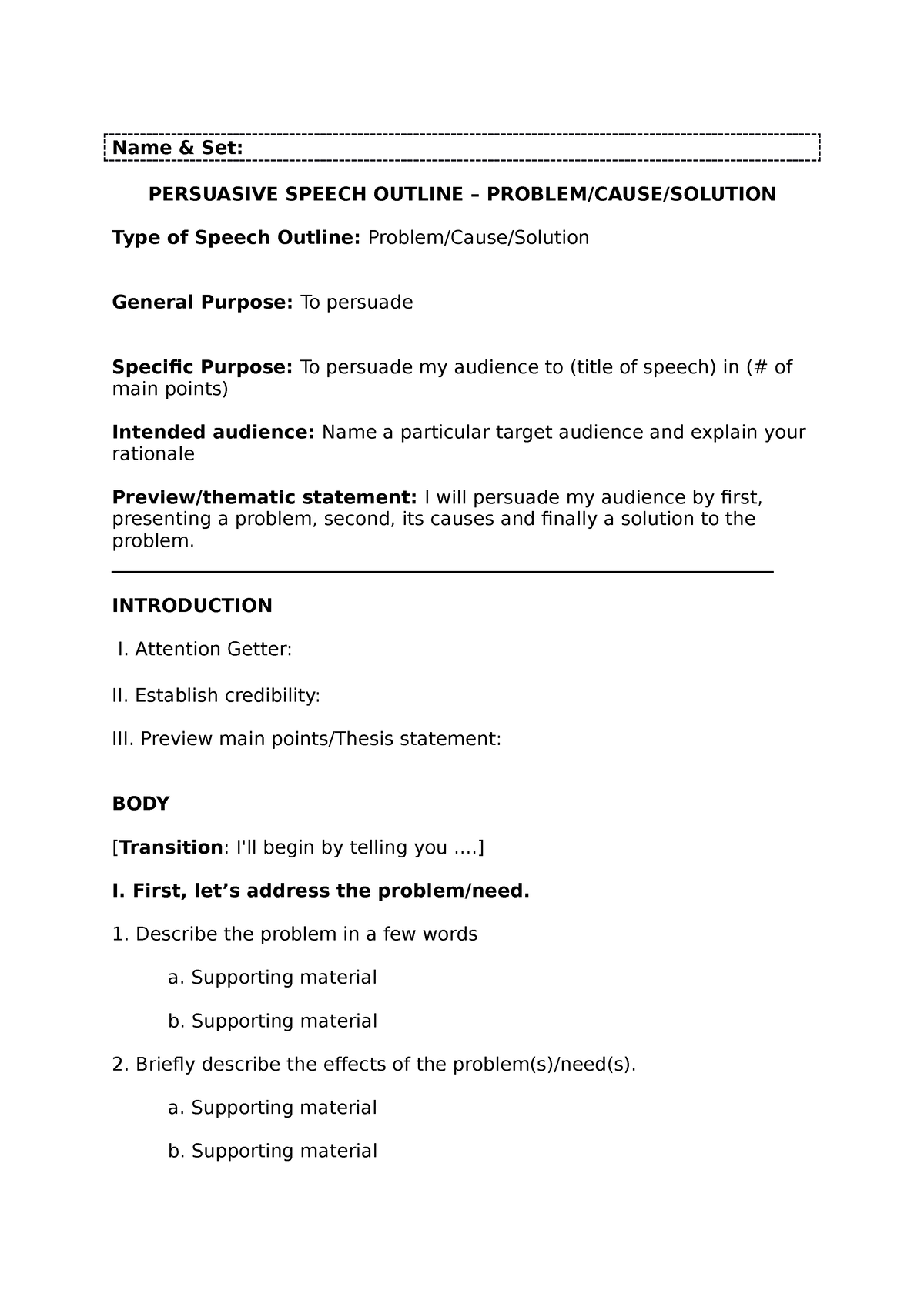 persuasive speech outline problem cause solution