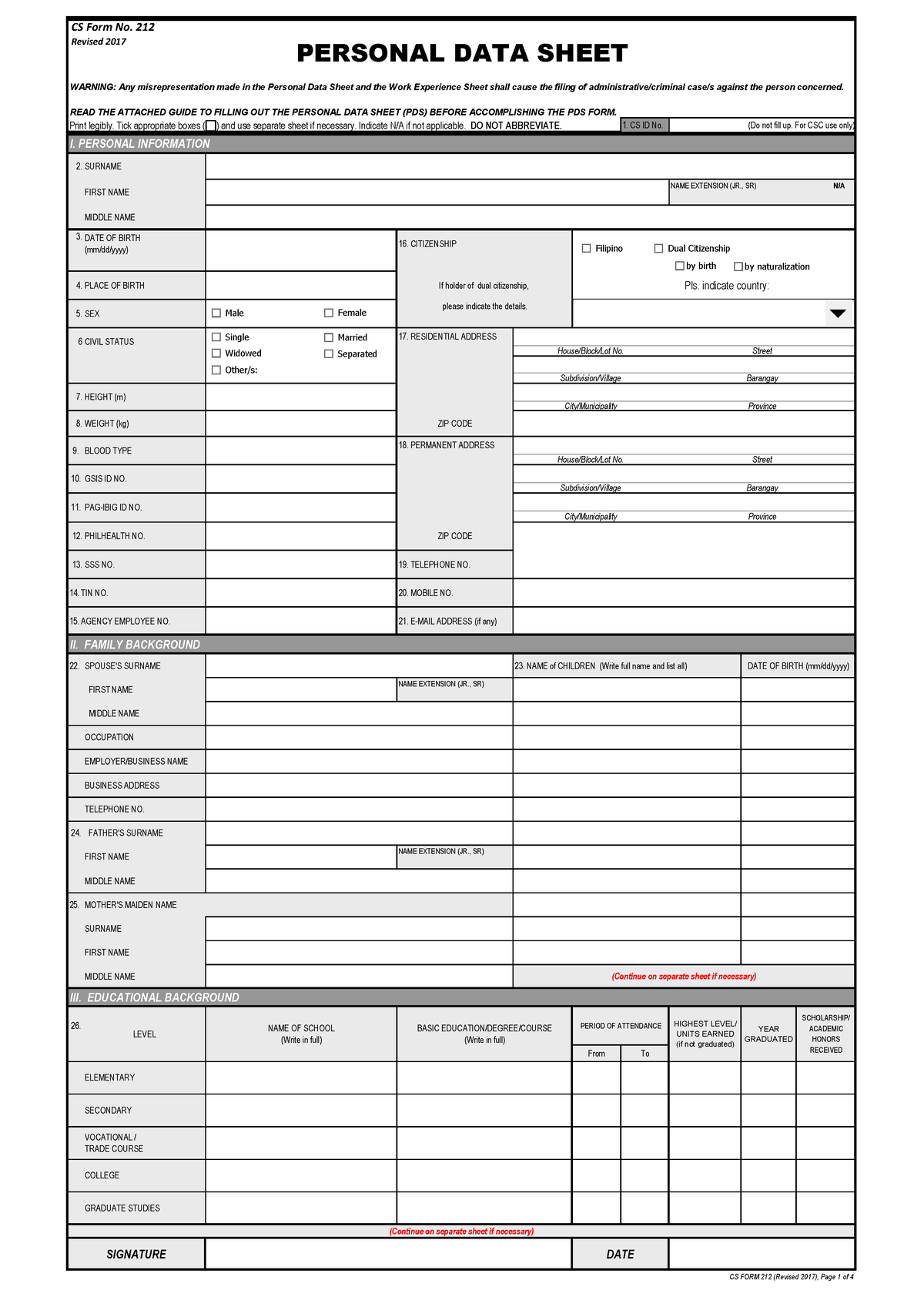 PDS- Blank template - wfehgjek - PERSONAL DATA SHEET WARNING: Any ...