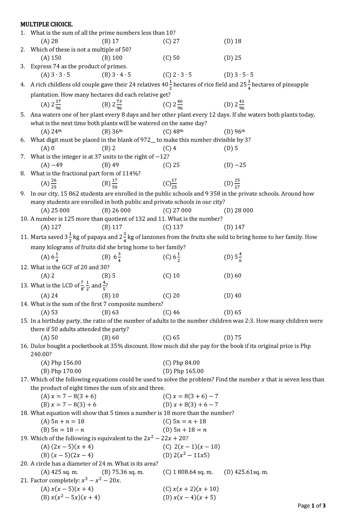 Math Question - Examination - Page 1 of 3 MULTIPLE CHOICE. What is the ...