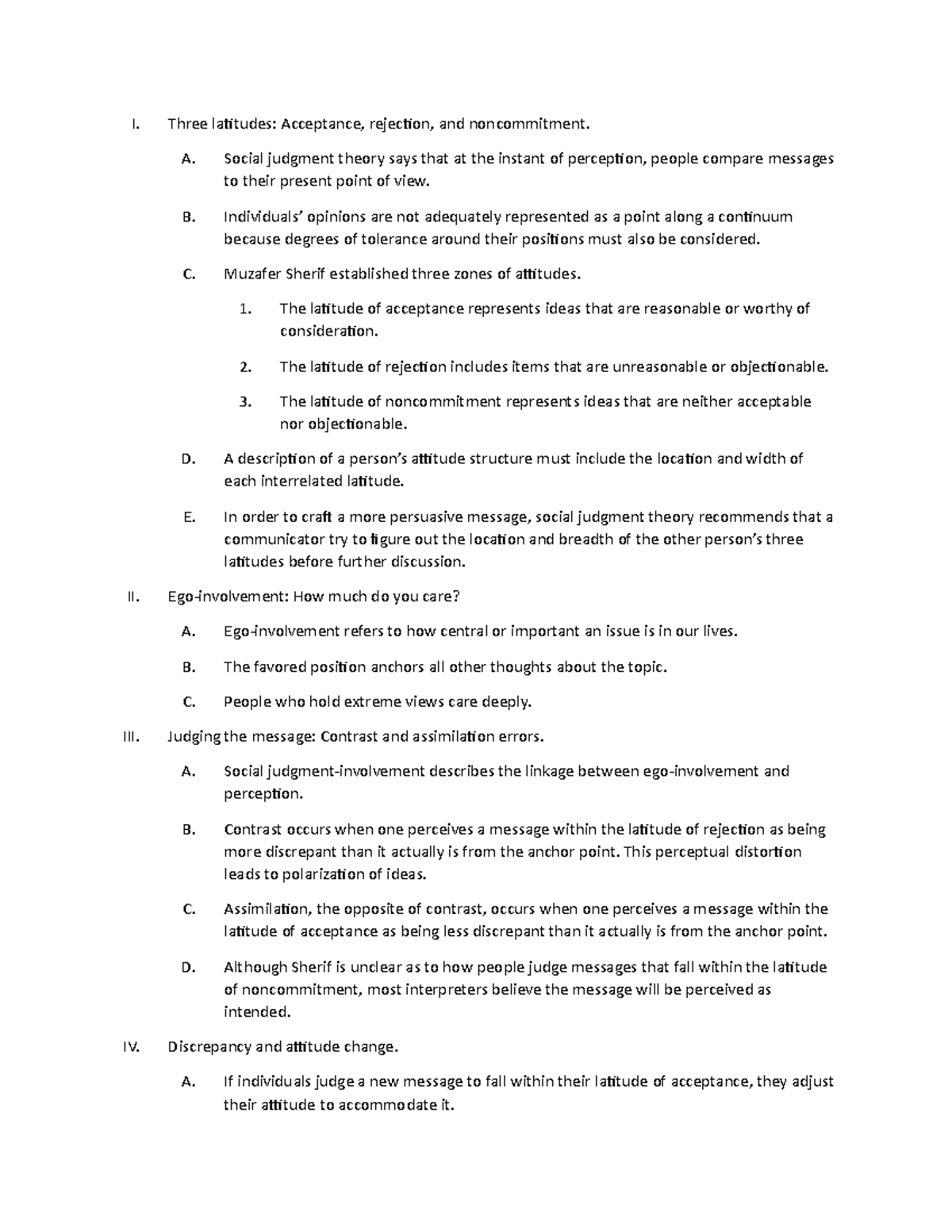 Social Judgement Theory - I. II. IV. Three latitudes: Acceptance ...