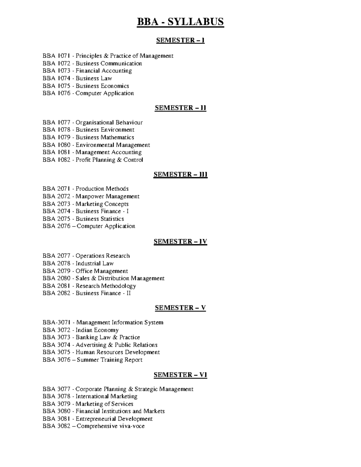 BBA syllabus 13 - pmm - BBA - SYLLABUS SEMESTER – I BBA 1071 ...