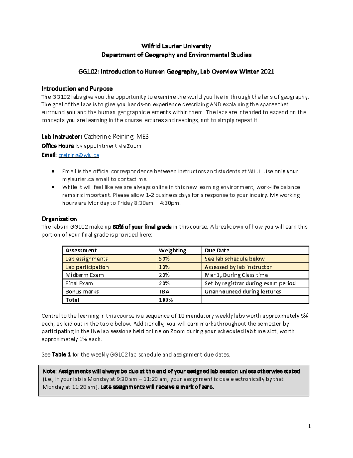 GG102 lab overview 1 Wilfrid Laurier University Department of