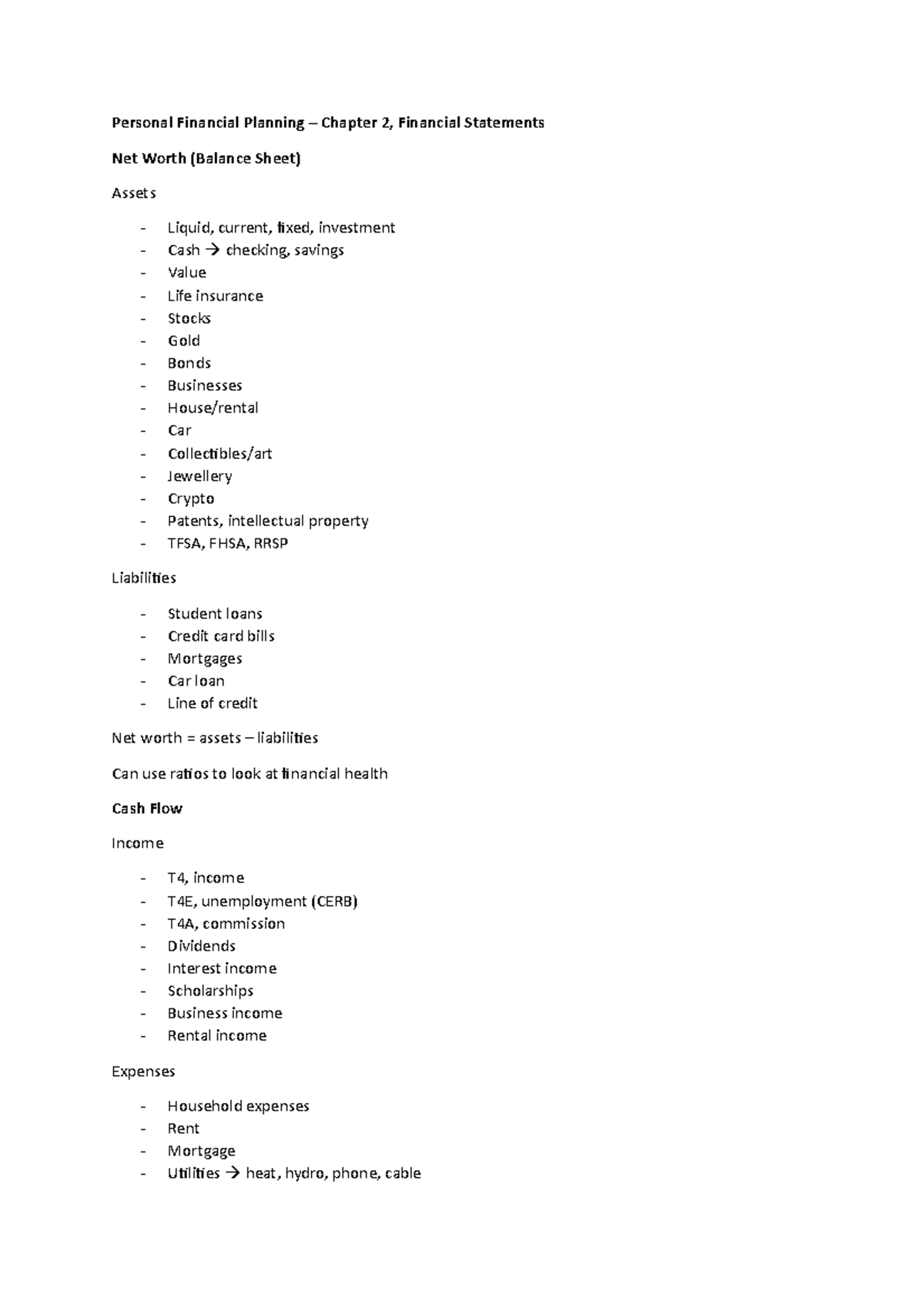 Chapter 2 Notes - Financial Statements - Personal Financial Planning ...