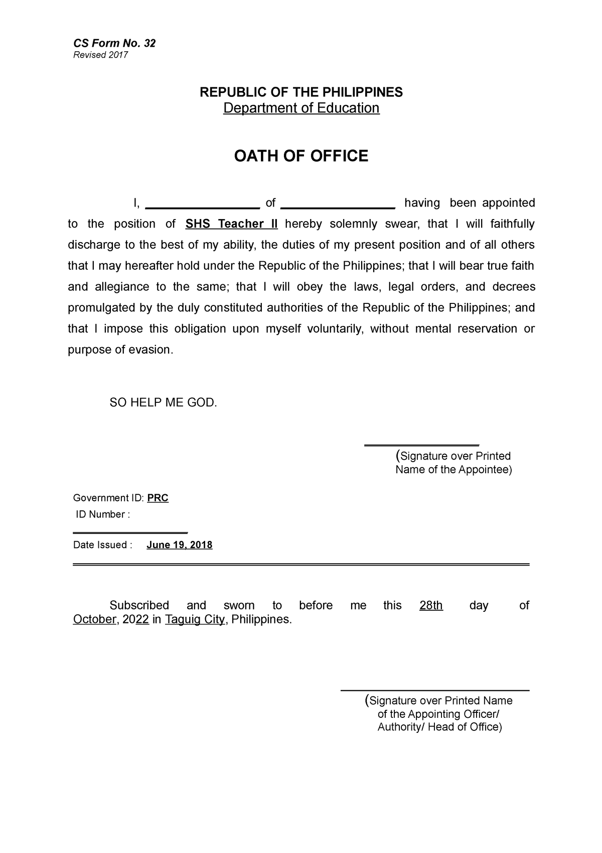 Cs Form No 32 Oath Of Officedoc - CS Form No. 32 Revised 2017 REPUBLIC ...