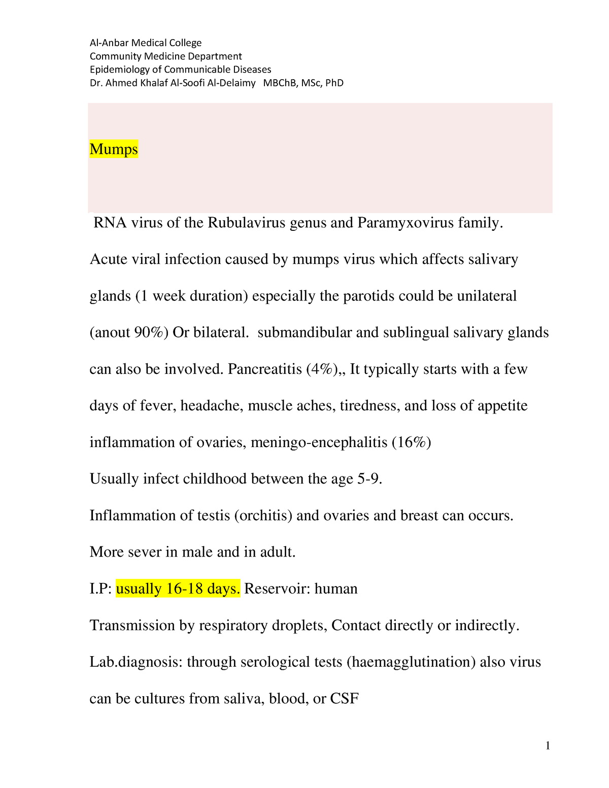 Mumps - Médecine - Epidemiology Of Communicable DiseasesDr. Ahmed ...