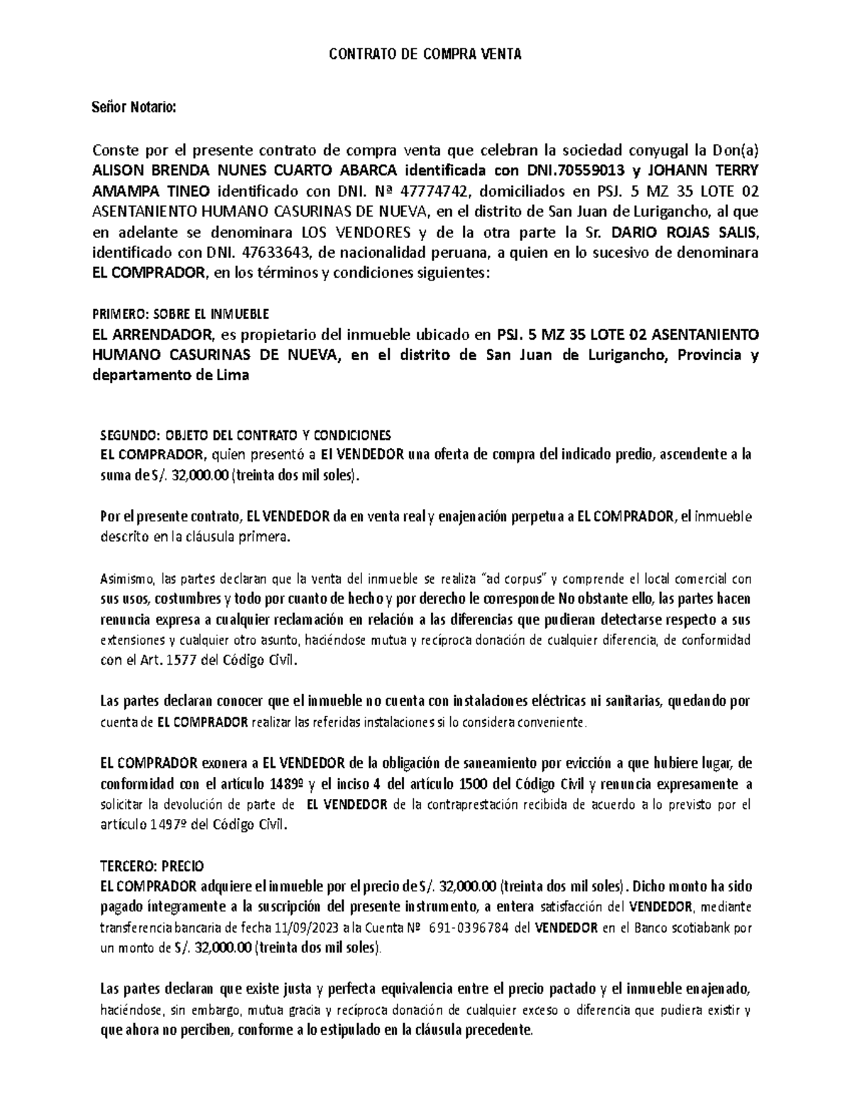 Contrato De Arrendamiento Contrato De Compra Venta Señor Notario