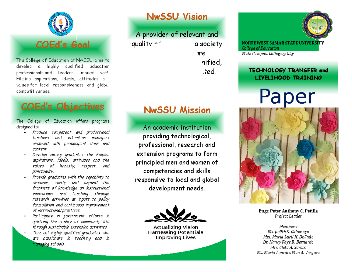Paper Flowers Brochure - COEd’s Goal The College of Education at NwSSU