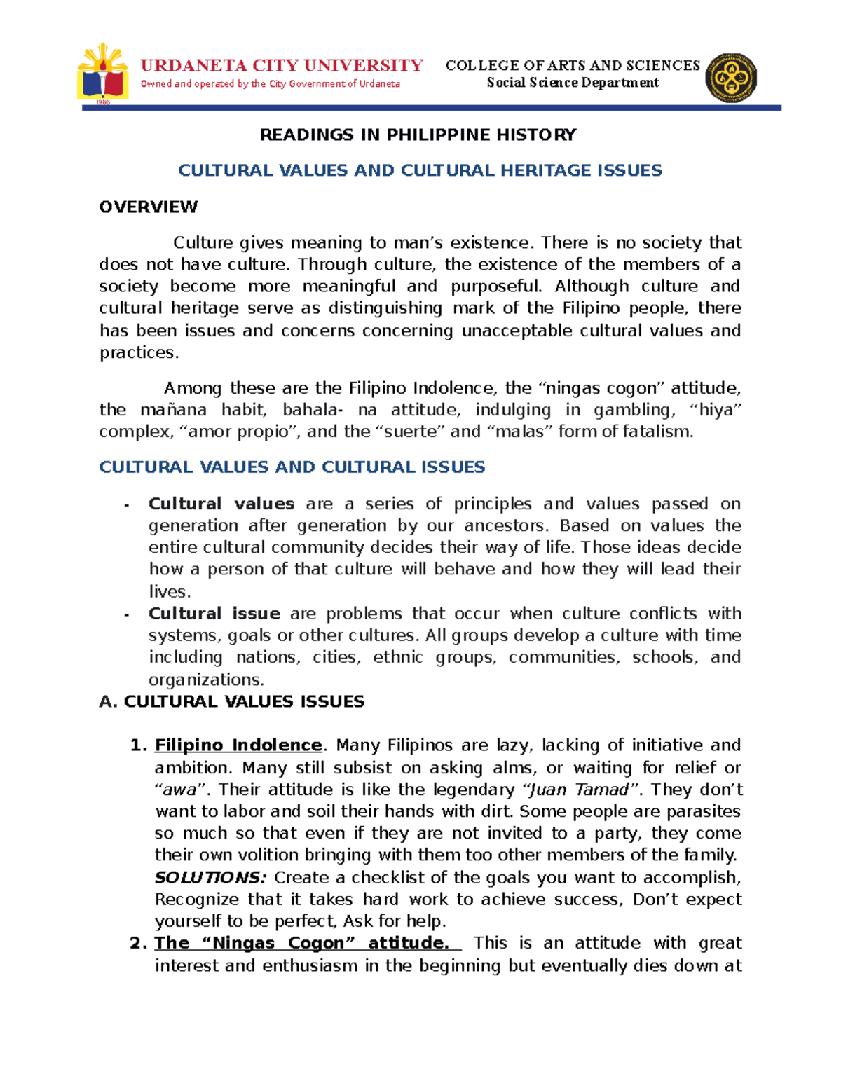 RPH- Cultural Heritage AND Values Issues - READINGS IN PHILIPPINE ...