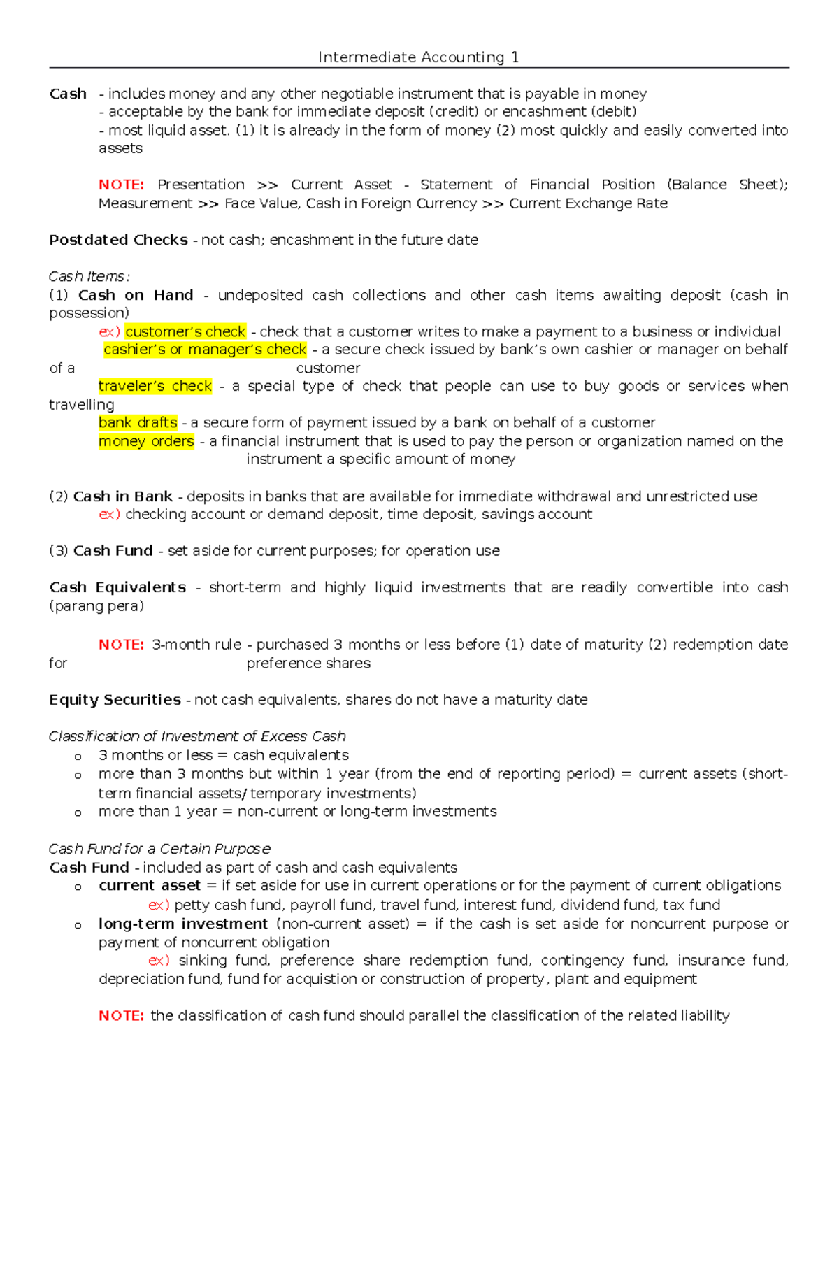 Cce reviewer - BSA - Intermediate Accounting 1 Cash - includes money ...