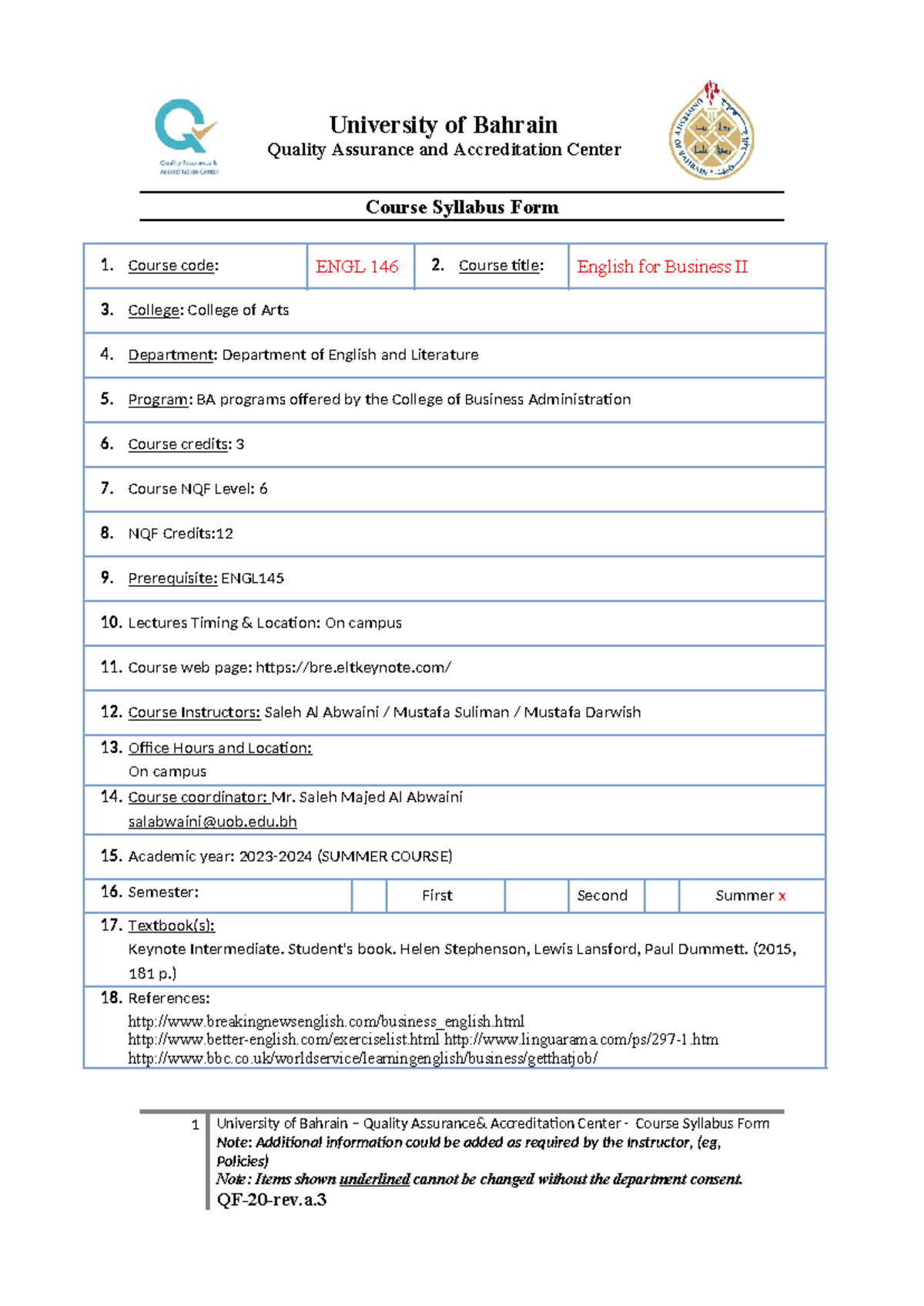 ENGL 146 Course Syllabus Form 2023 2024 Summer Course University of