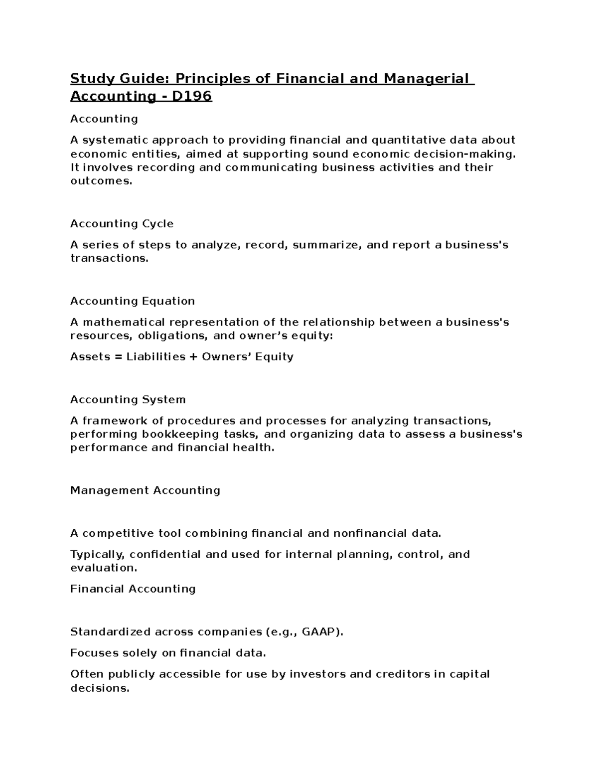Study Guide Principles of Financial and Managerial Accounting - D196 ...