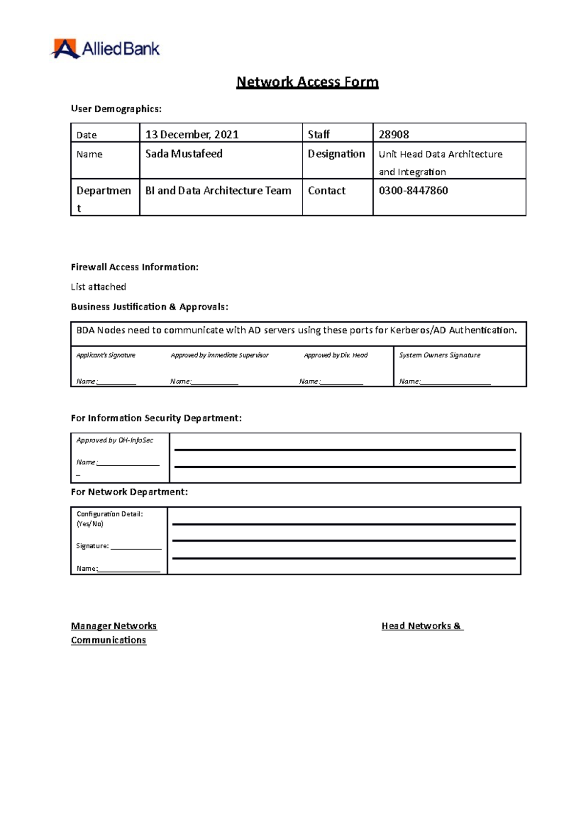 AD ACL from BDA FORM Complete Network Access Form User Demographics