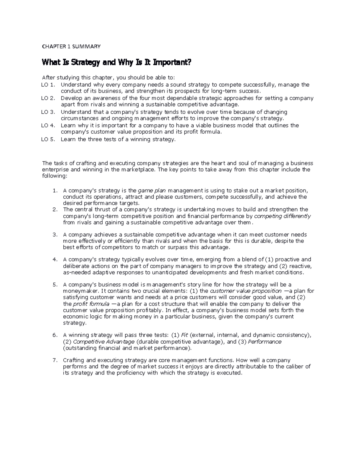 Chapter 1 brief - Learn - CHAPTER 1 SUMMARY What Is Strategy and Why Is ...