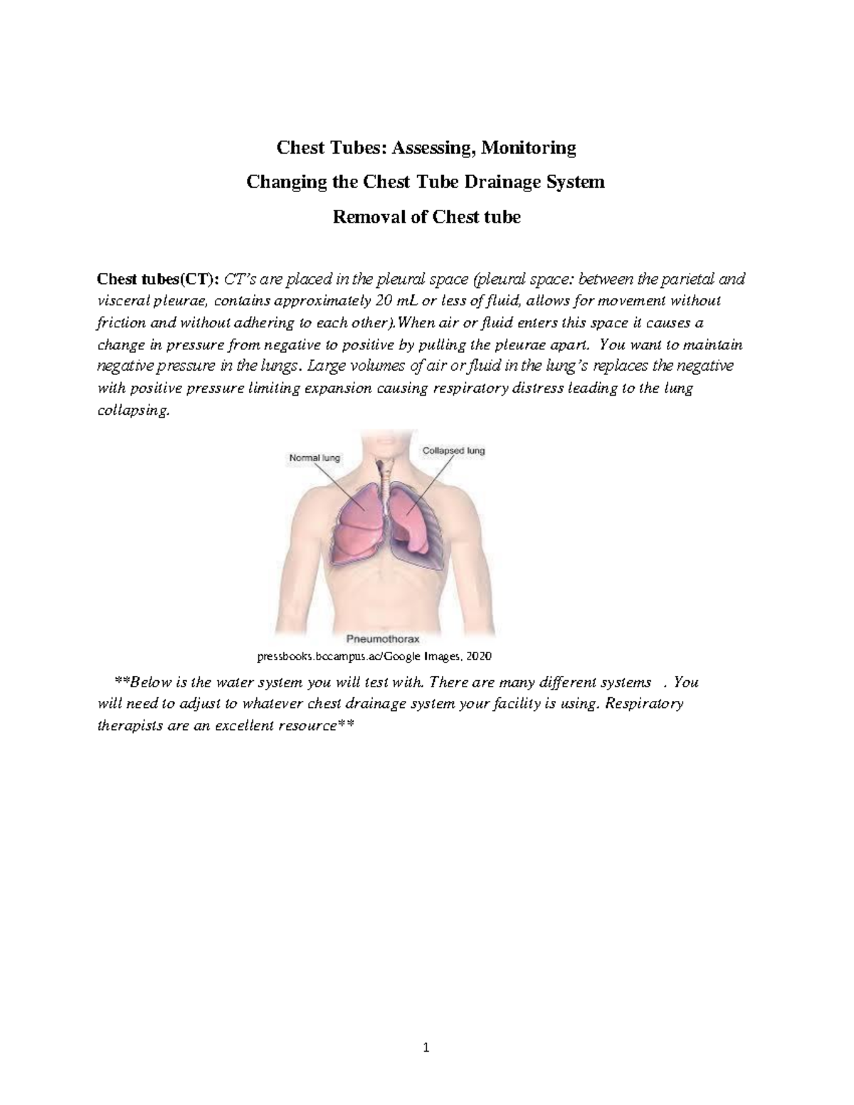 DocumentNUR 226 Chest Tube Atrium dry suction chest drainge system Chest Tubes Assessing