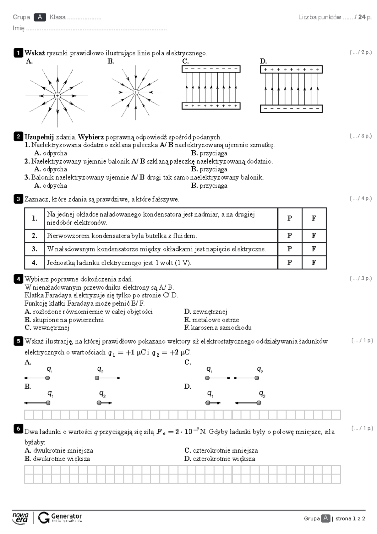 Sprawdzian Z Fizyki Elektrostatyka 2 Gimnazjum www.studocu.com