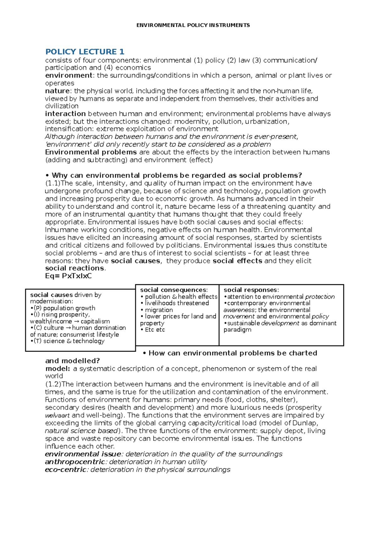 Environmental Policy Instruments POLICY LECTURE 1 consists of four