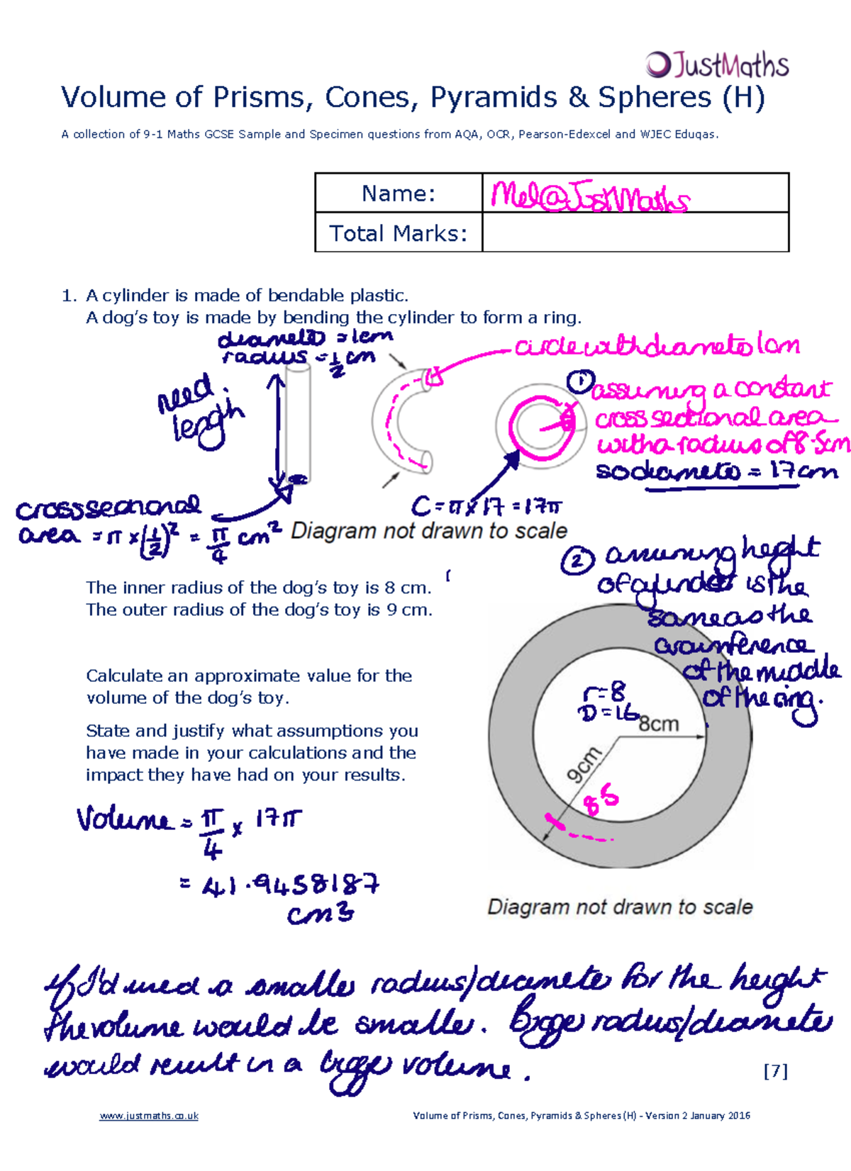 Geometry H Volume of Prisms Cones Pyramids and Spheres v2 Solutions