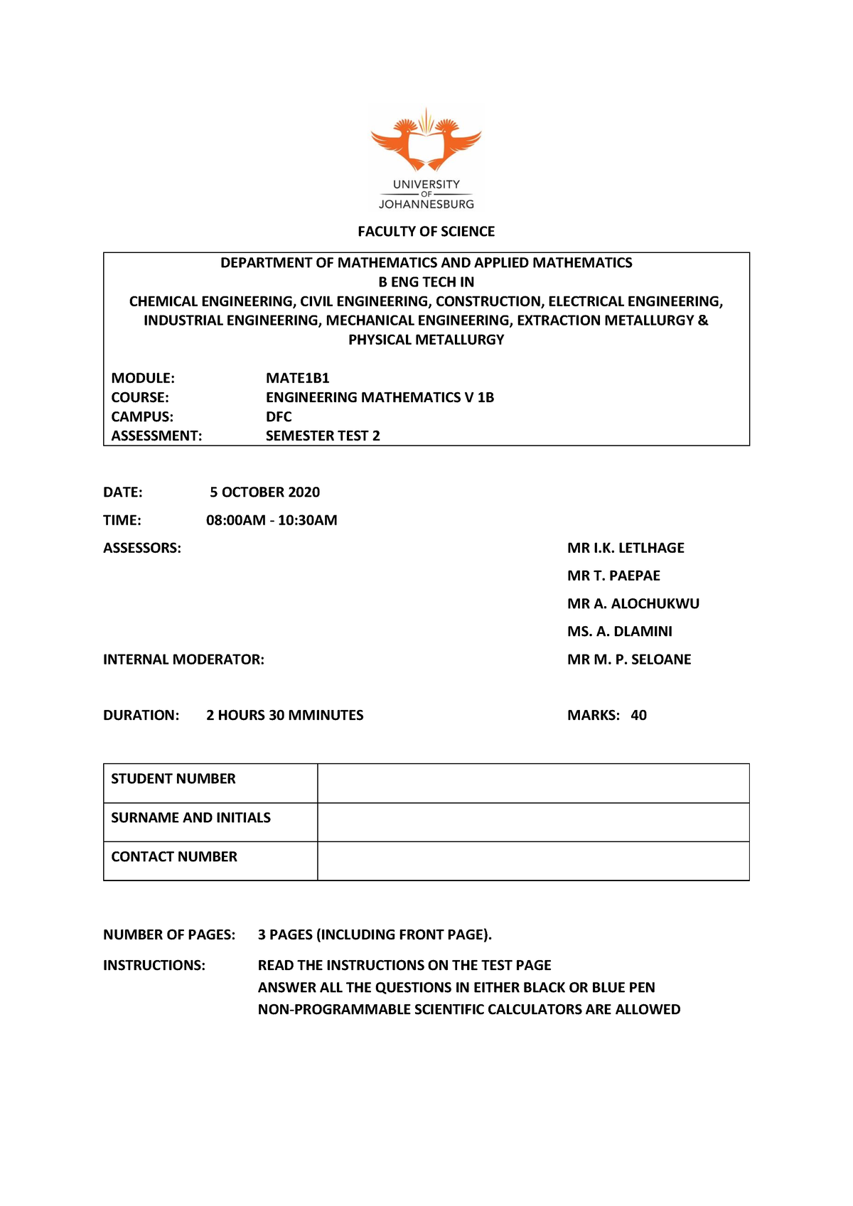 MATE1B1 Semester TEST 2 - FACULTY OF SCIENCE DEPARTMENT OF MATHEMATICS ...