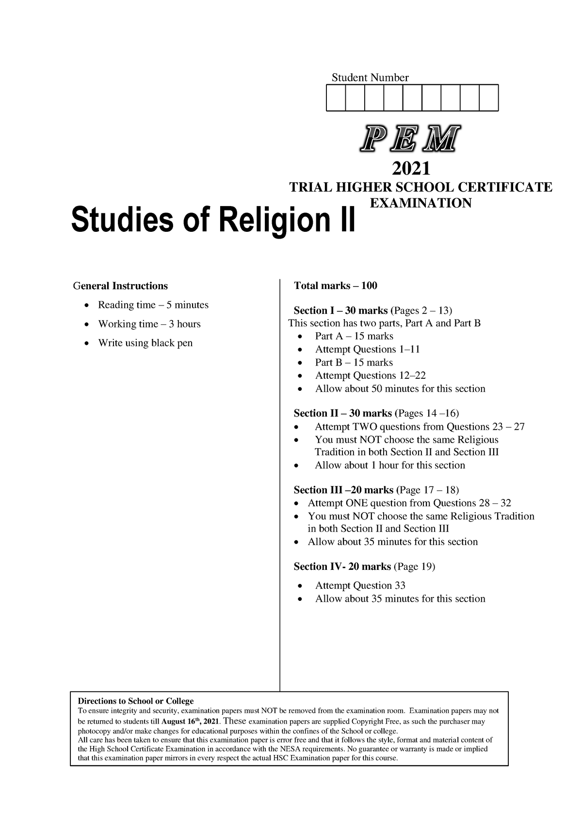 pem-2021-sor-2-trial-hsc-examination-paper-student-number-studies-of