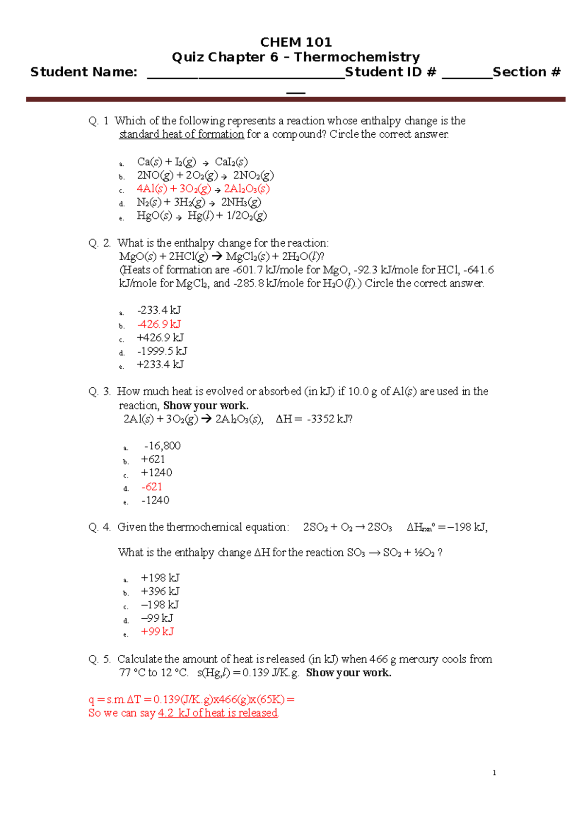 ASASQ6 Thermochemistry Master Answers CHEM 101 Quiz Chapter 6