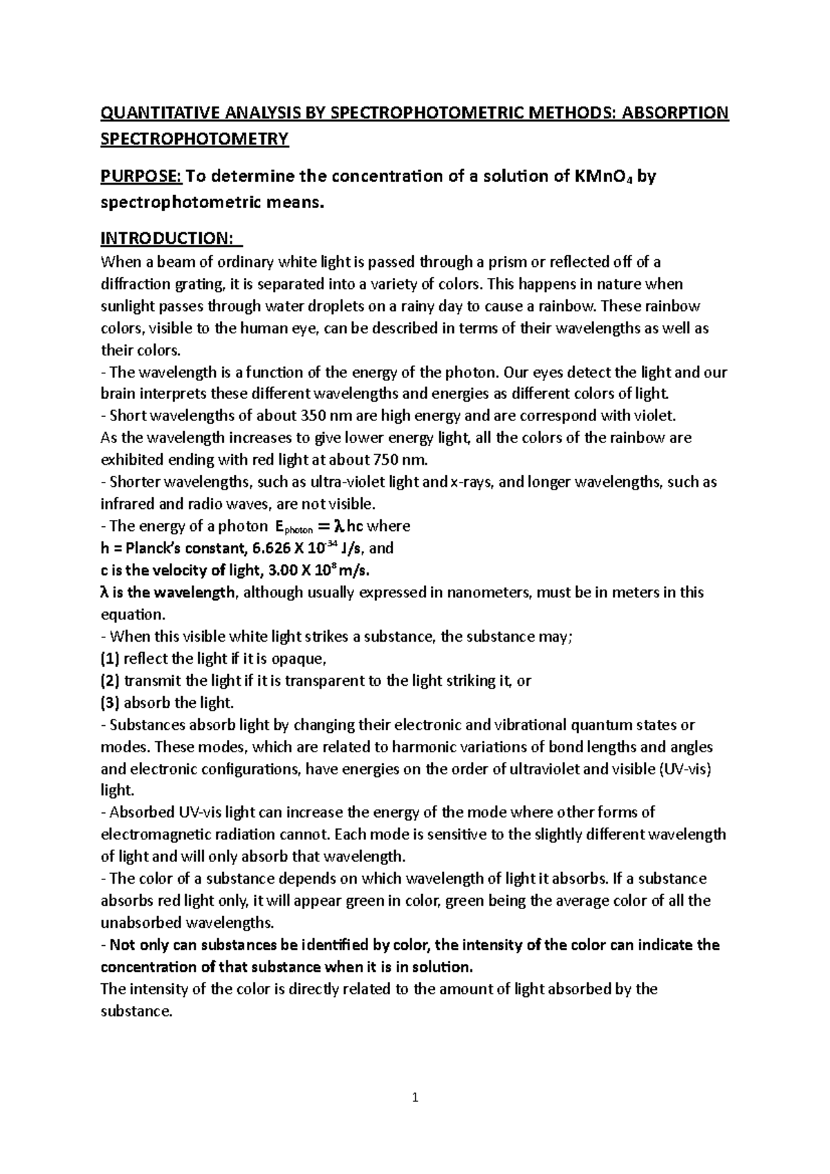 KMNO4 Experiment Good QUANTITATIVE ANALYSIS BY SPECTROPHOTOMETRIC