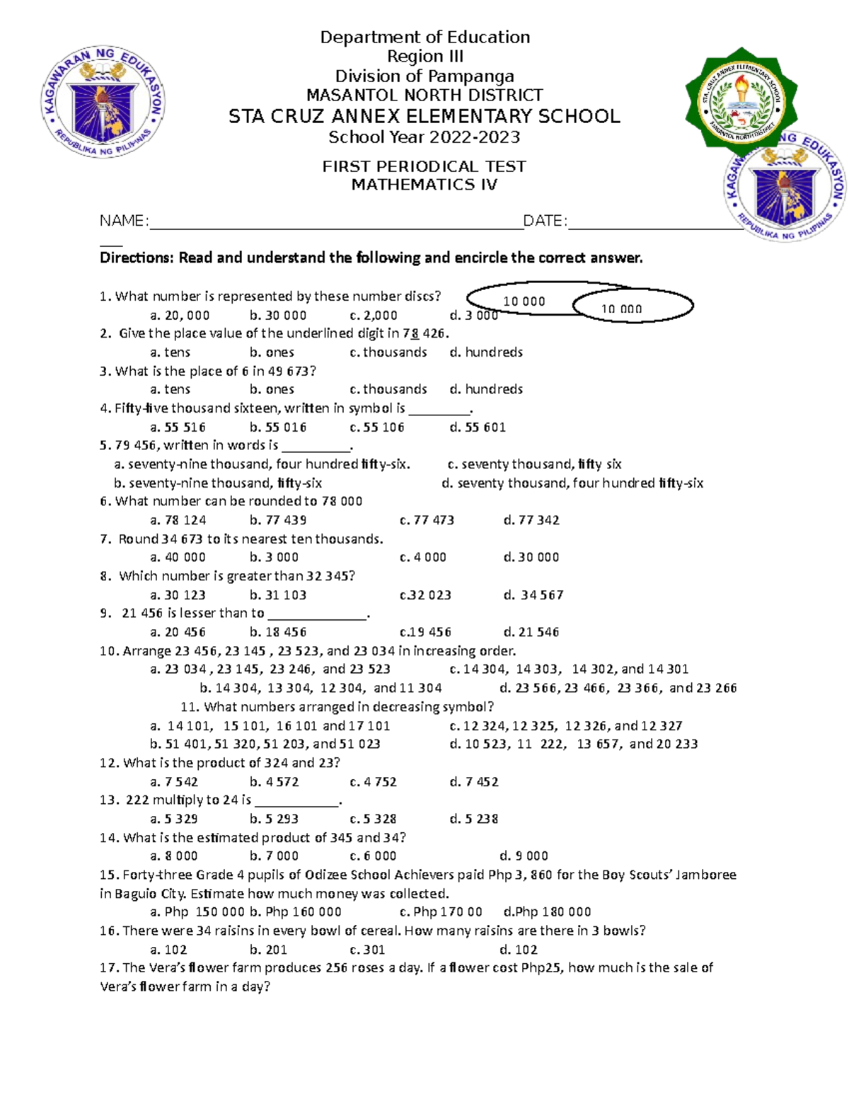 Scaes PT MATH 4 Q1 - EXAM - FIRST PERIODICAL TEST MATHEMATICS IV - Studocu