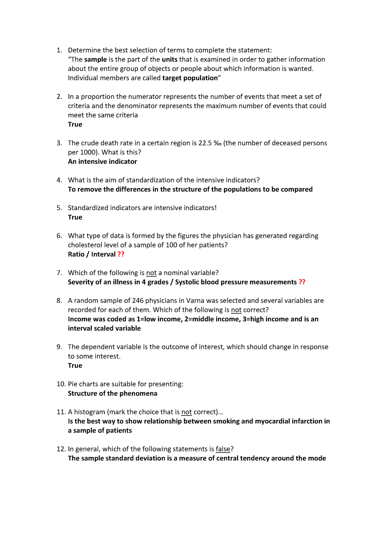 Biostats - questions & answers - Determine the best selection of terms ...