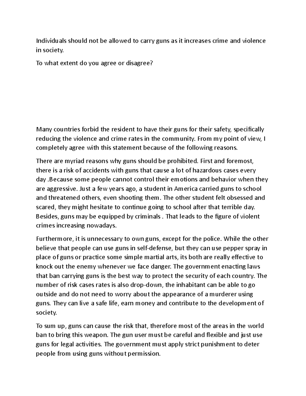 Guns and Weapons Writing task 2 - Individuals should not be allowed to ...