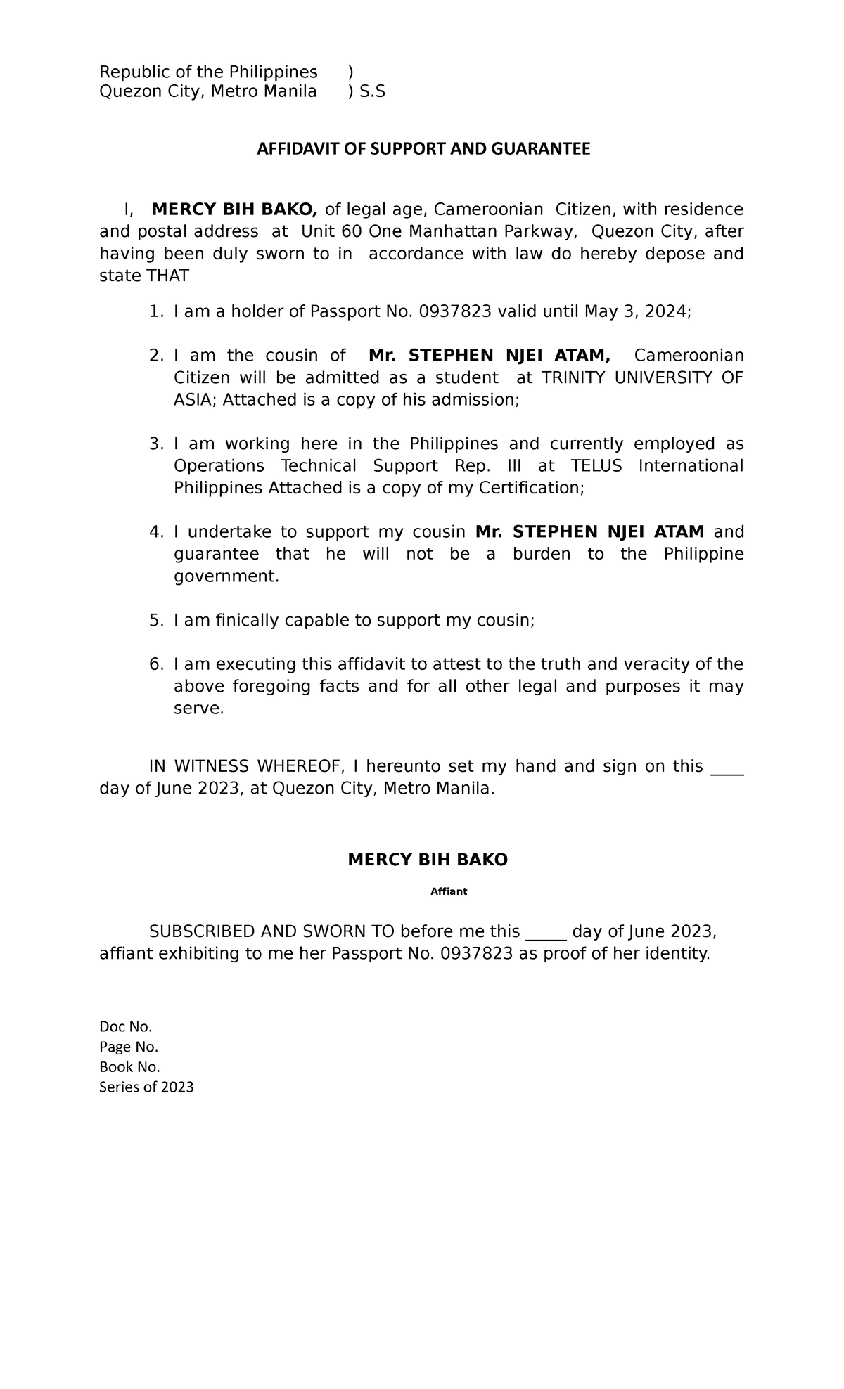 Affidavit Guarantee Mercy BIH BAKO - Republic of the Philippines ...