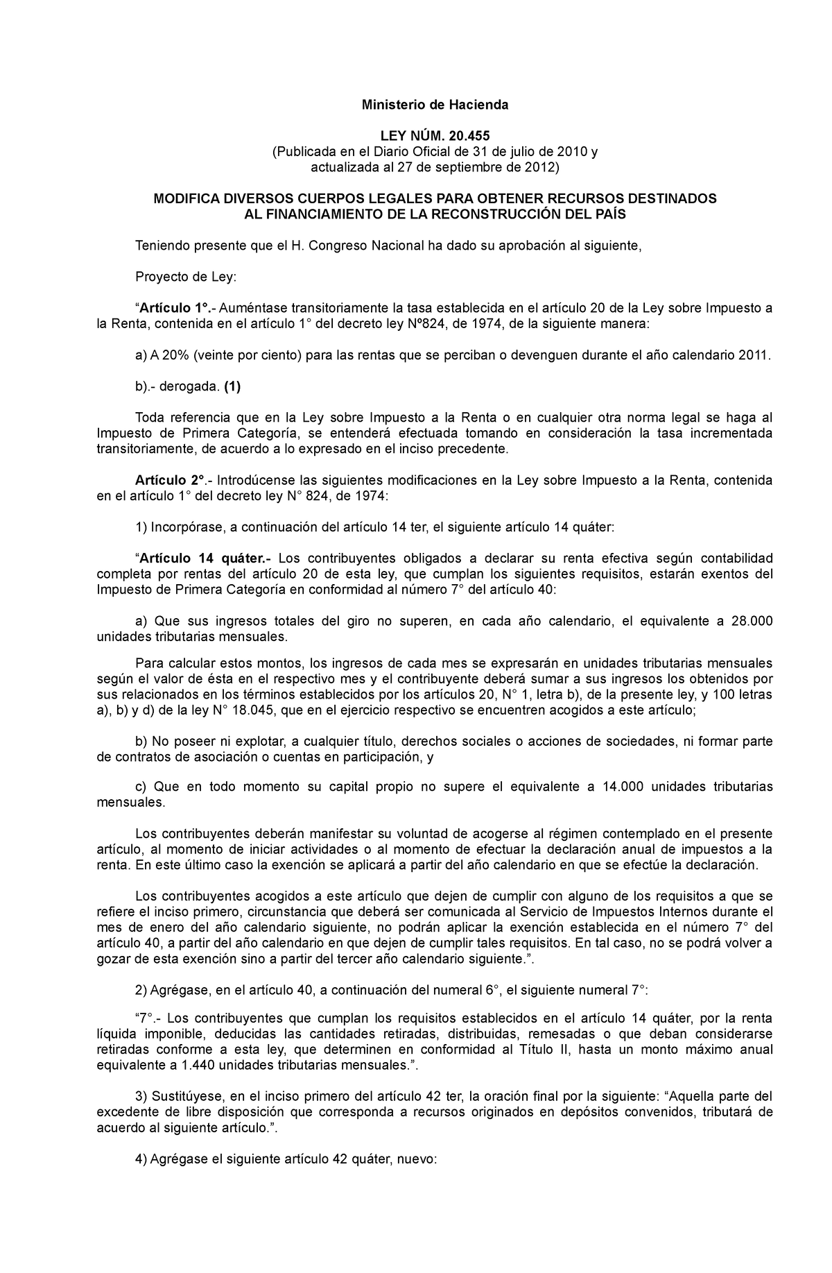 Ley 20455 Subo Ministerio De Hacienda Ley NÚm 20 Publicada En El Diario Oficial De 31 De 6096