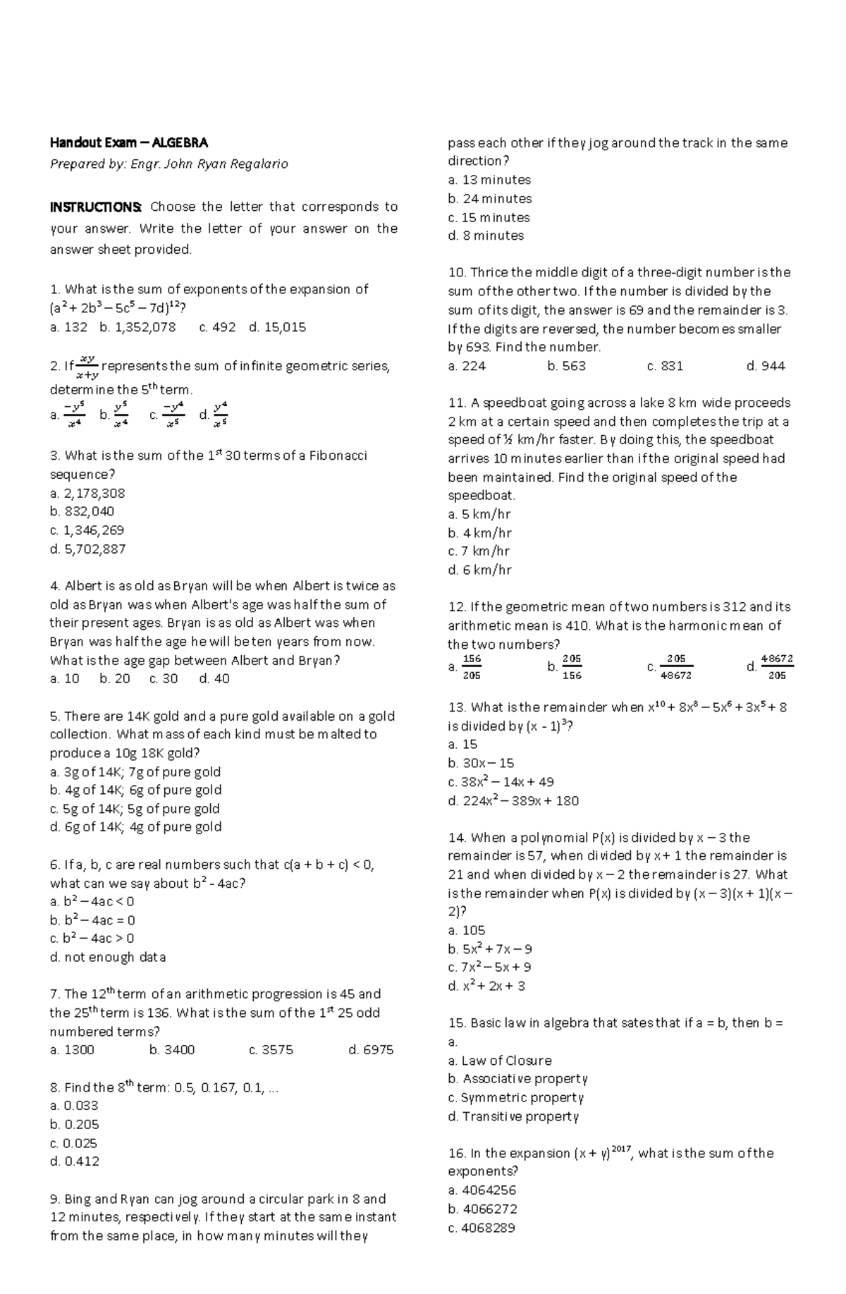 Algebra Handout Exam New - F.A. CONDUCIVE ENGINEERING REVIEW CENTER 2 ...