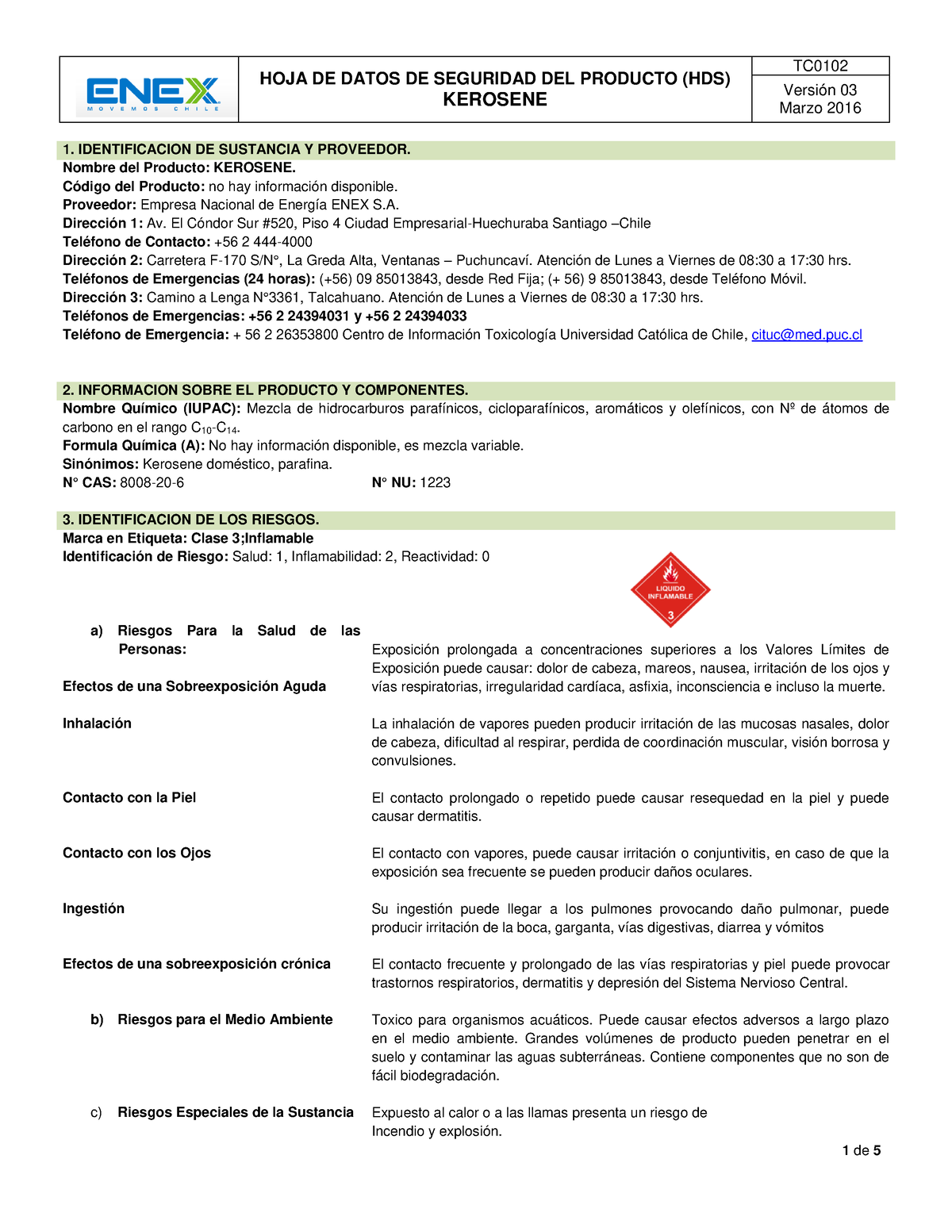 Hds Kerosene 2016 Hoja De Seguridad Sustancias Peligrosas Hoja De Datos De Seguridad 2520