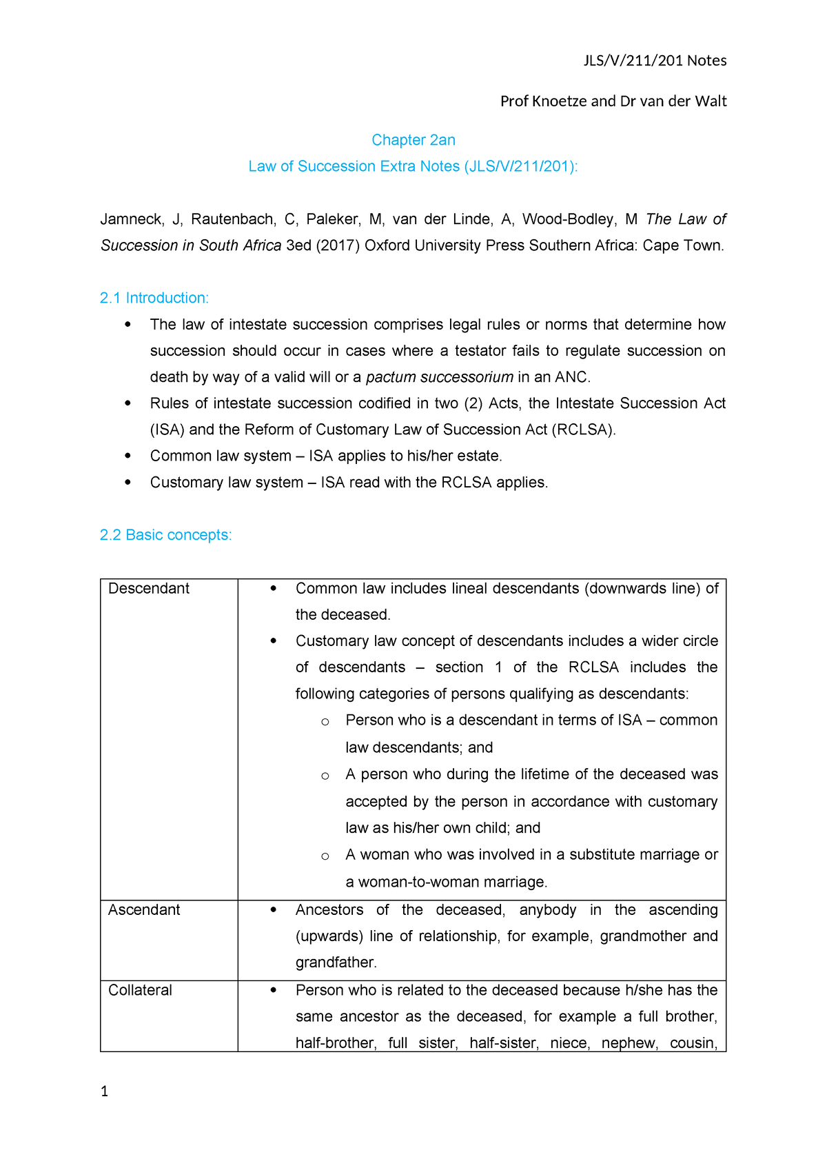 JLS Chapter 2 Summary Note - Prof Knoetze and Dr van der Walt Chapter ...