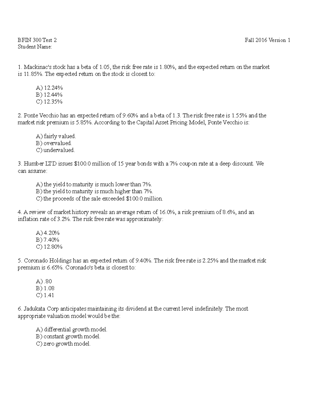 BFIN 300 Fa16 Test 2 V1 - Practice Problems - BFIN 300 Test 2 Student ...