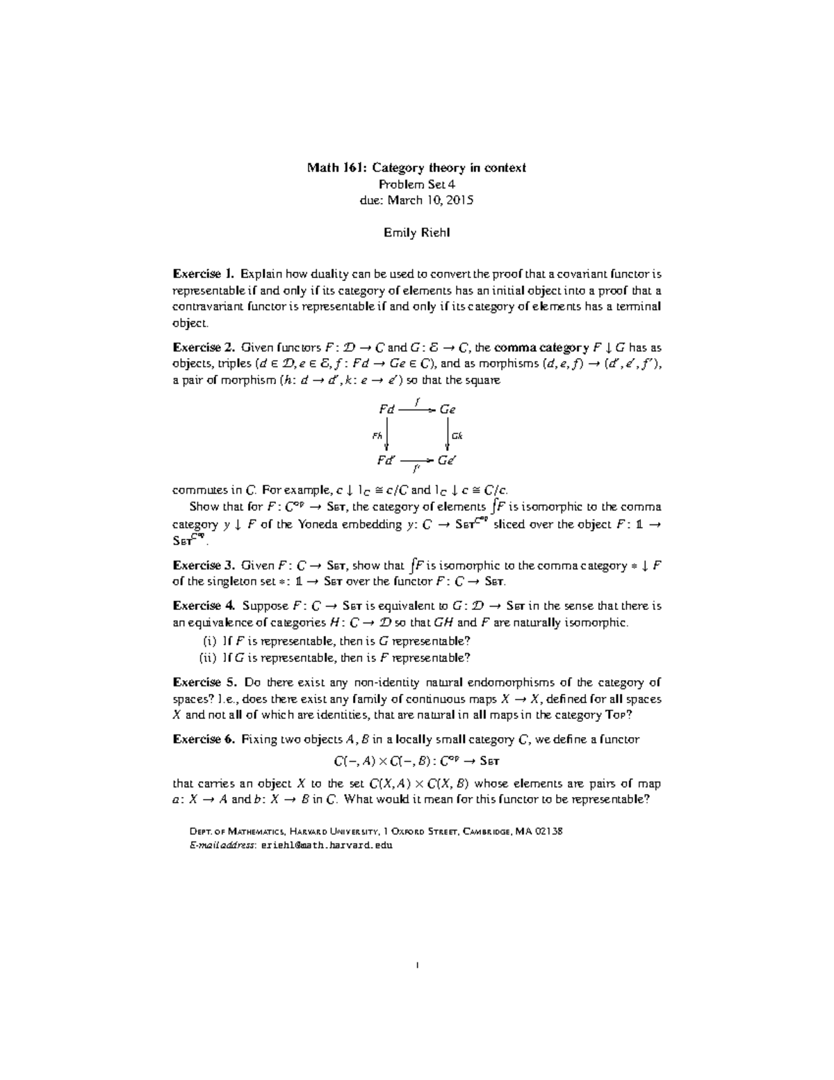 Seminar assignments - Problem set 4 - Math 161: Category theory in ...