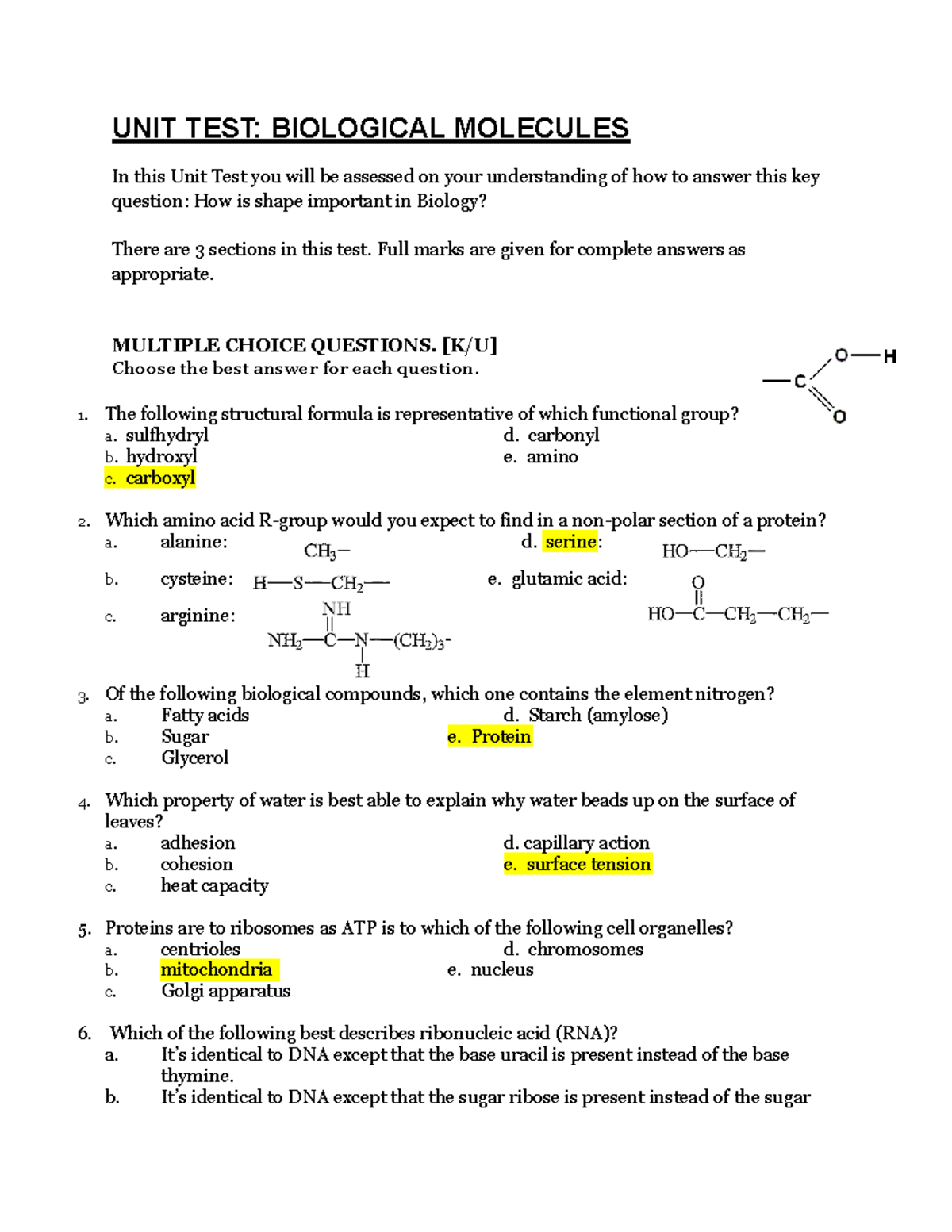 Chapter 1 Test - Bio Molecules - UNIT TEST: BIOLOGICAL MOLECULES In ...